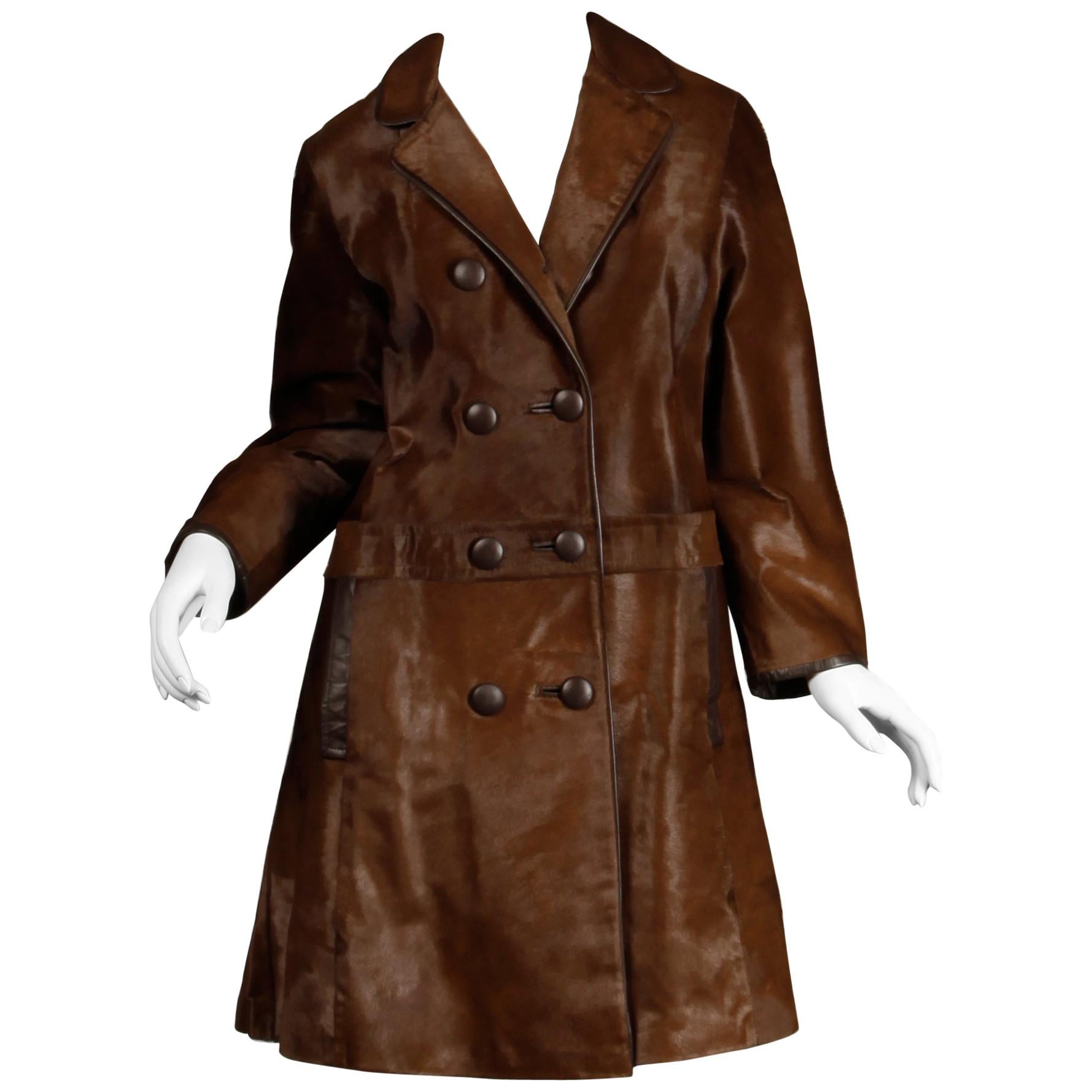 Stunning 1960s Vintage Pony Hair or Cowhide Brown Fur Coat with Leather Trim For Sale