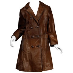 Stunning 1960s Vintage Pony Hair or Cowhide Brown Fur Coat with Leather Trim