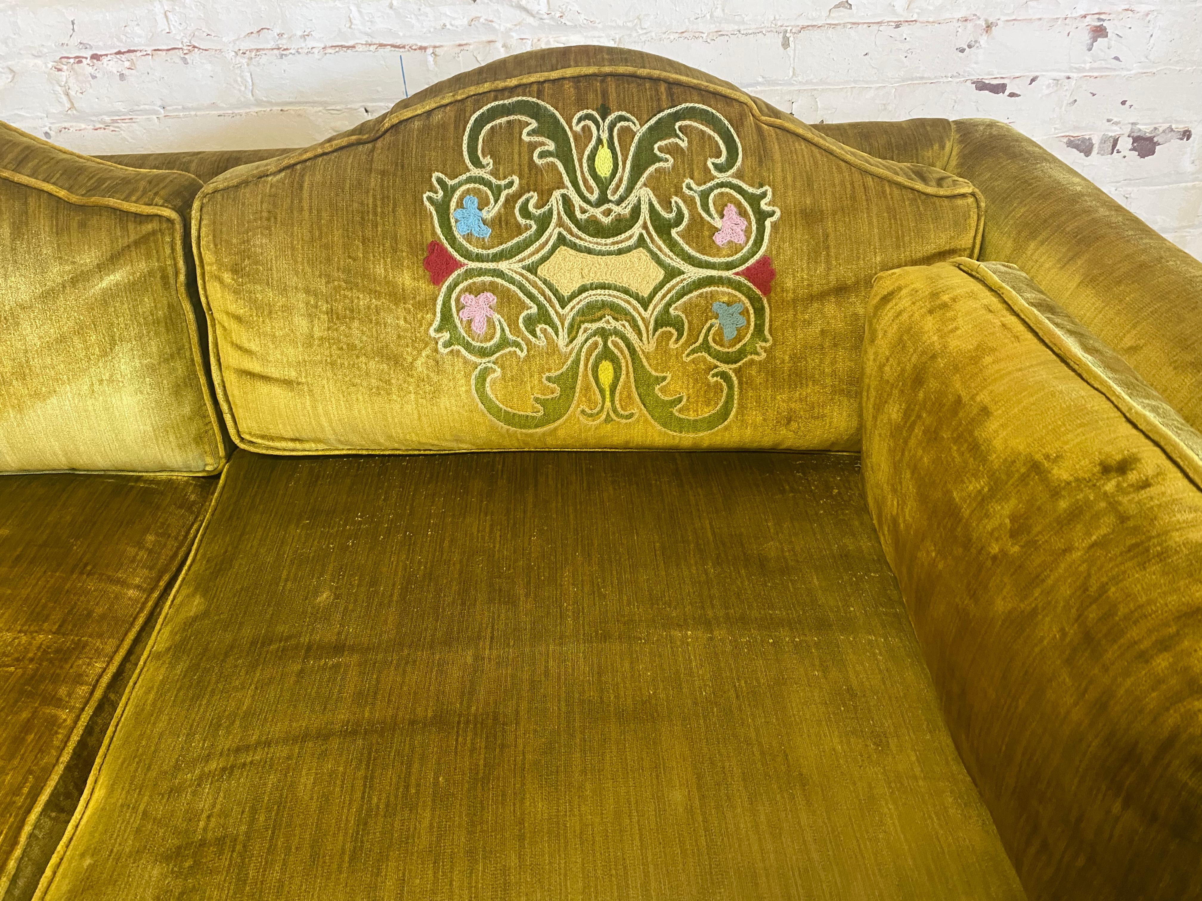 Stunning 1970s Bohemian Chic velvet, Embroidered sofa, Amazing original condition, Unusual color and style. Extremely comfortable. Hand delivery avail to New York City or anywhere en route from Buffalo NY.