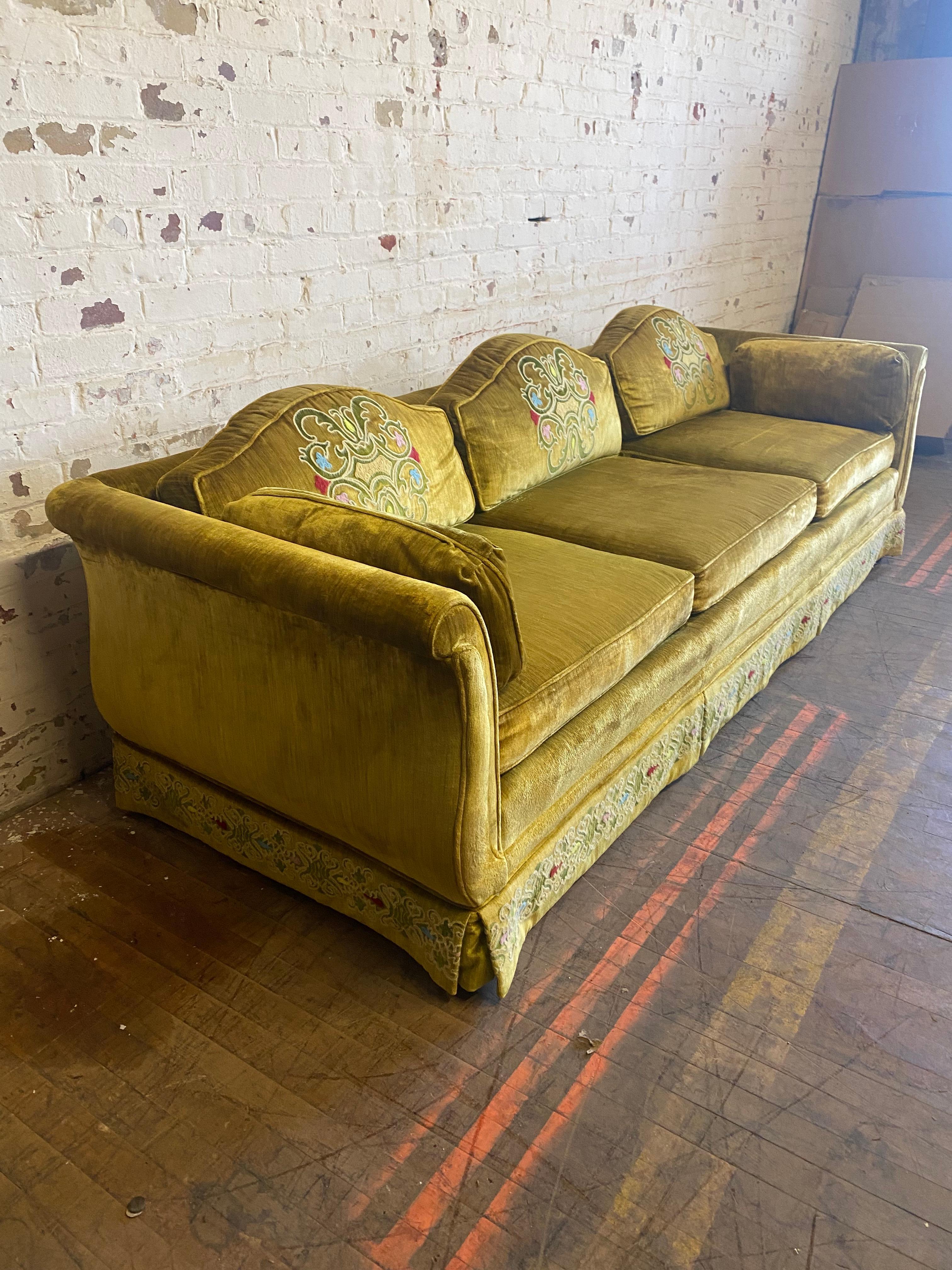 Hollywood Regency Stunning 1970s Bohemian Chic Velvet, Embroidered Sofa