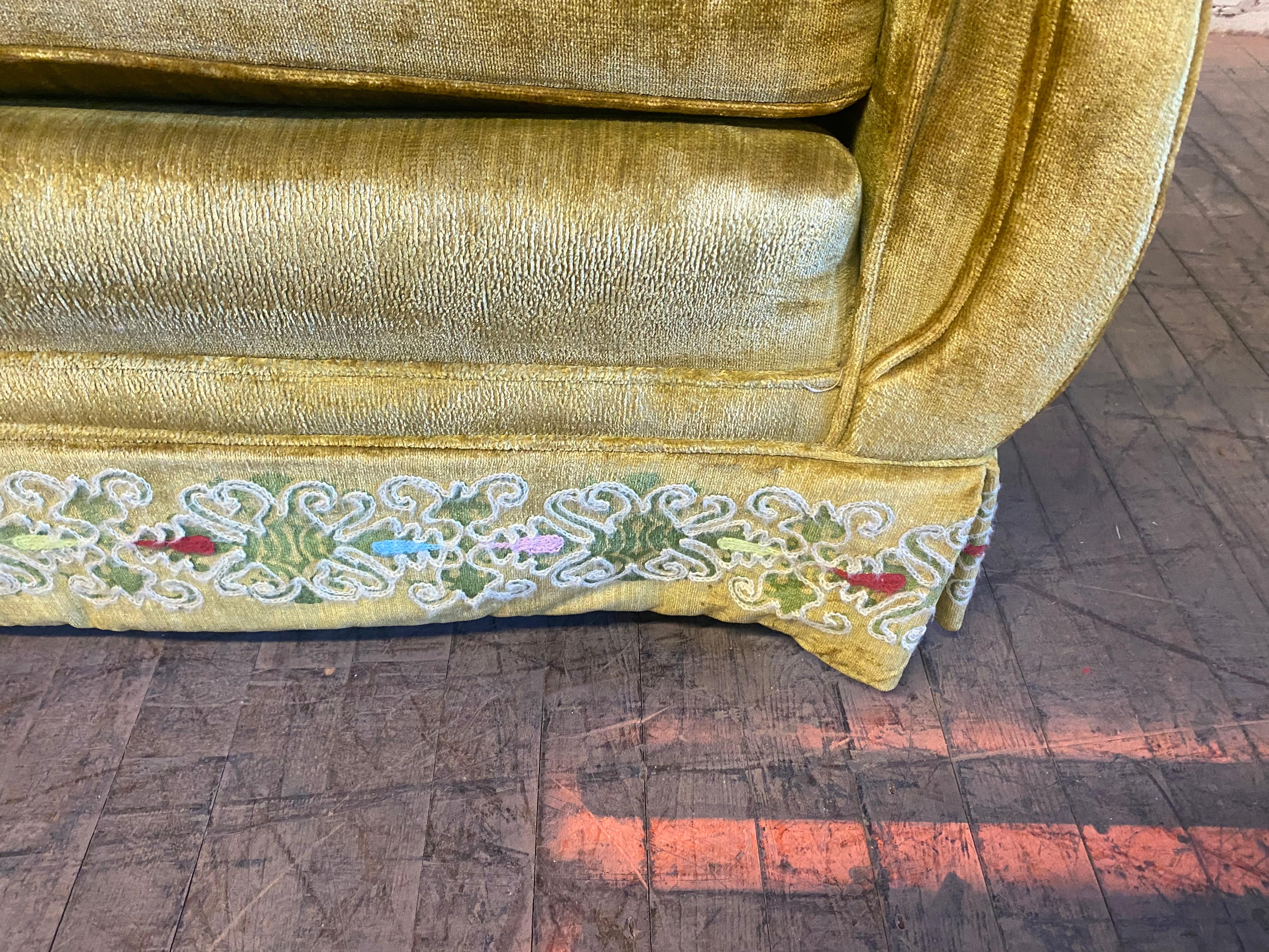 American Stunning 1970s Bohemian Chic Velvet, Embroidered Sofa