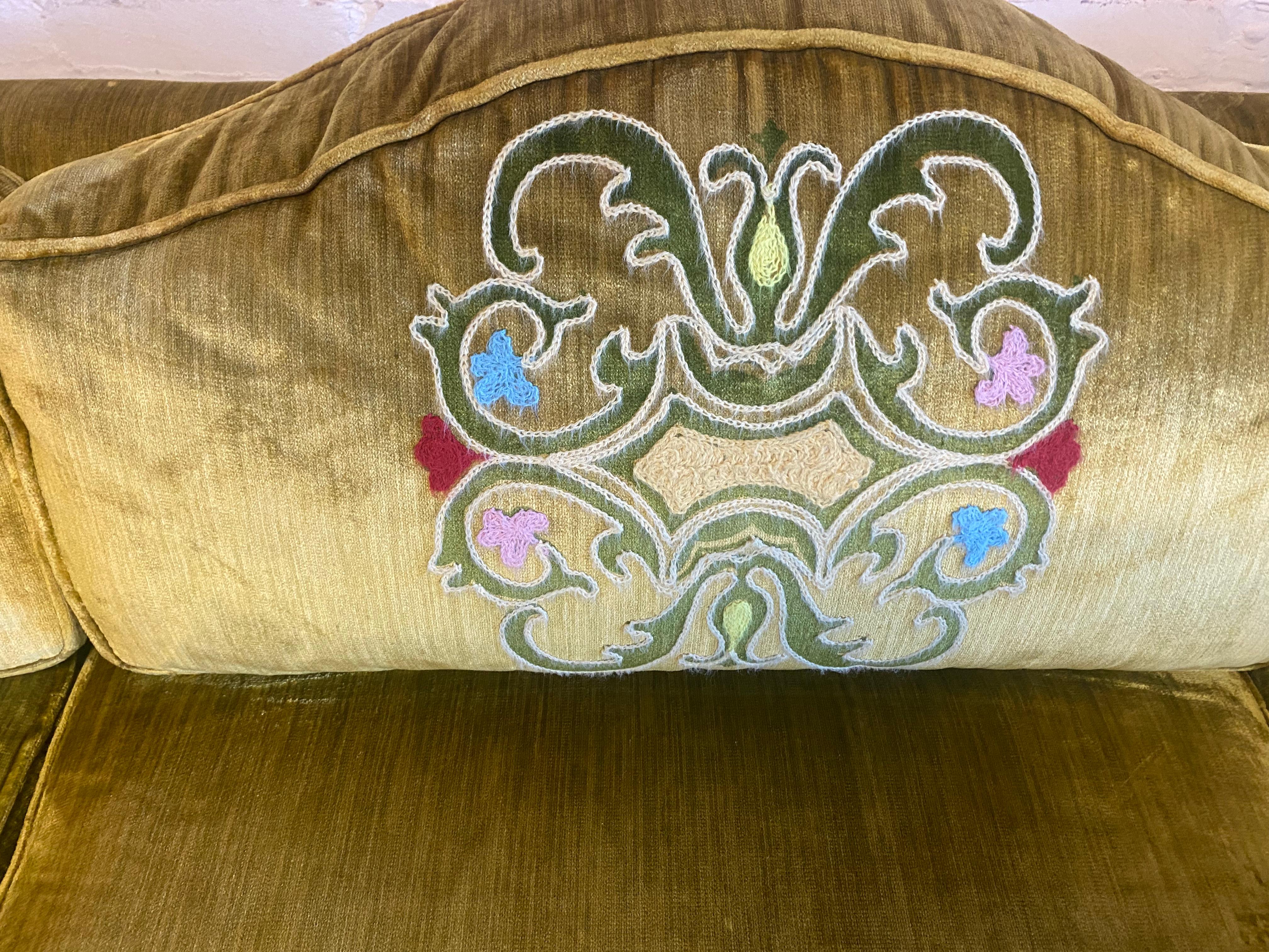 Stunning 1970s Bohemian Chic Velvet, Embroidered Sofa In Good Condition In Buffalo, NY