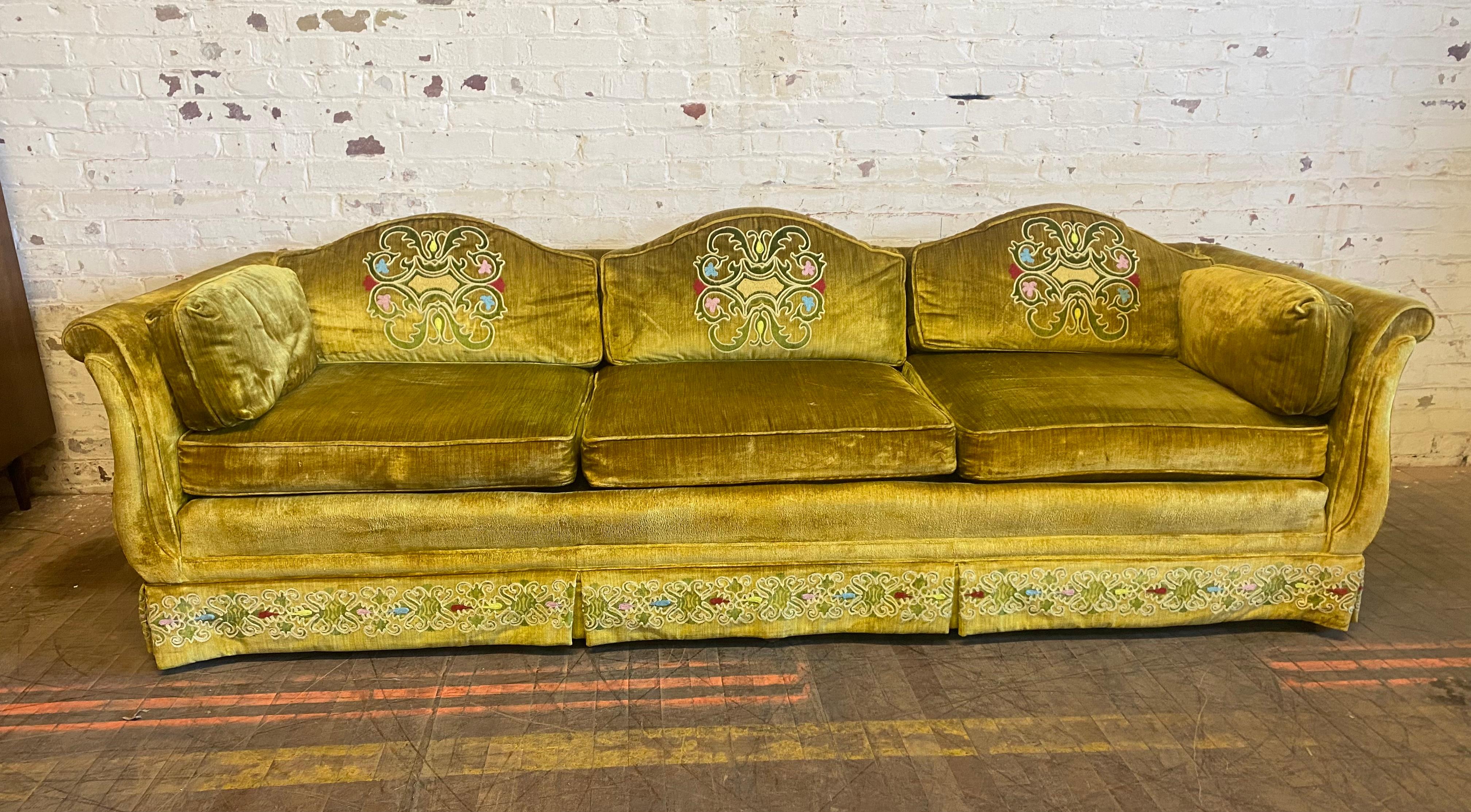 Stunning 1970s Bohemian Chic Velvet, Embroidered Sofa 1