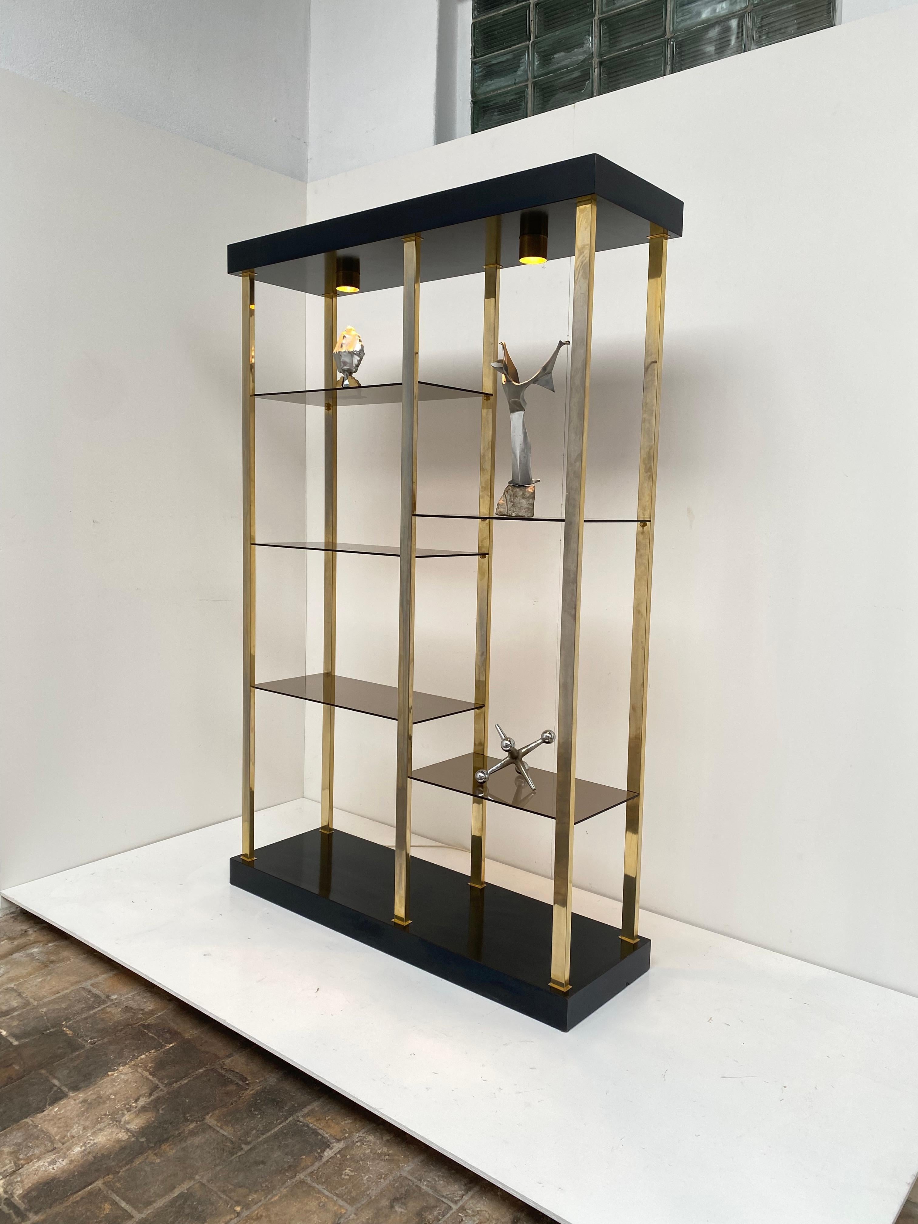 Scaffale/display in stile Romeo Rega degli anni '70, dall'aspetto lussuoso, in metallo placcato ottone, ripiani in vetro fumé e finitura in formica nera.

I tuoi pezzi in vetrina possono essere illuminati grazie a 2 faretti in ottone massiccio
