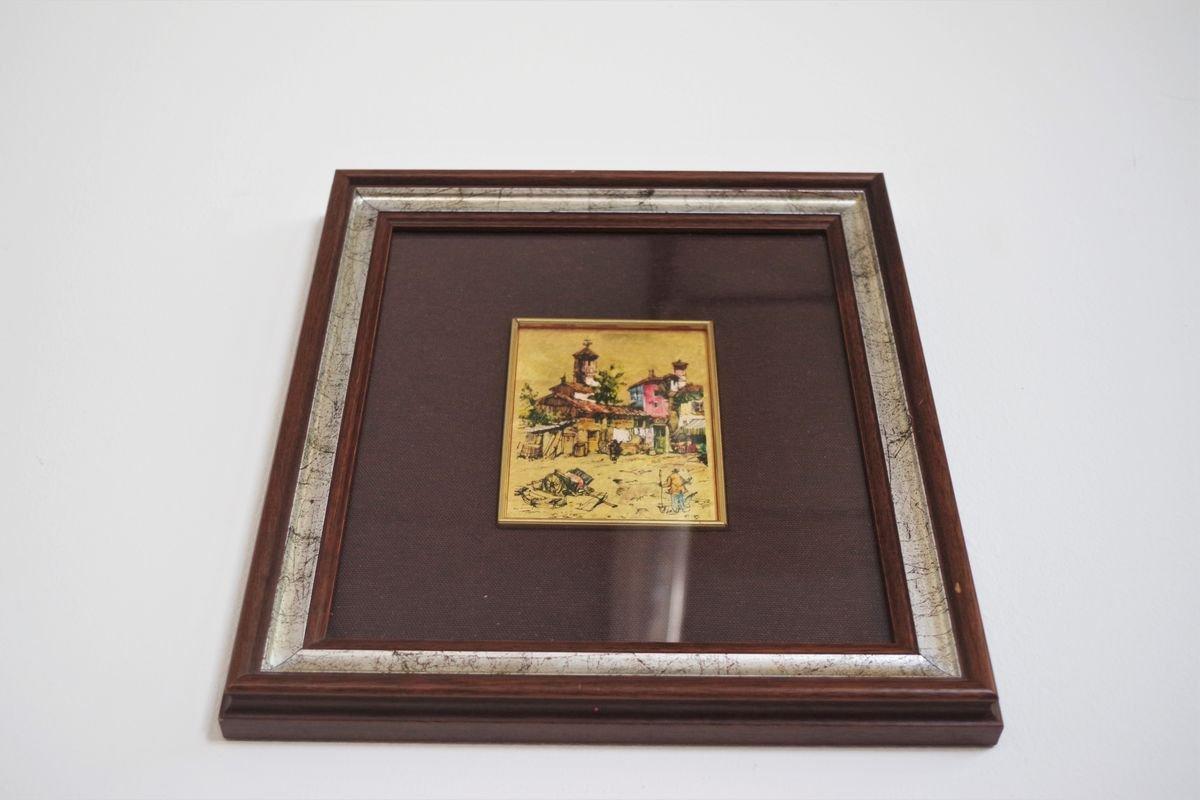 Italian Stunning 1970s Gold Leaf Painting with Silver Frame For Sale