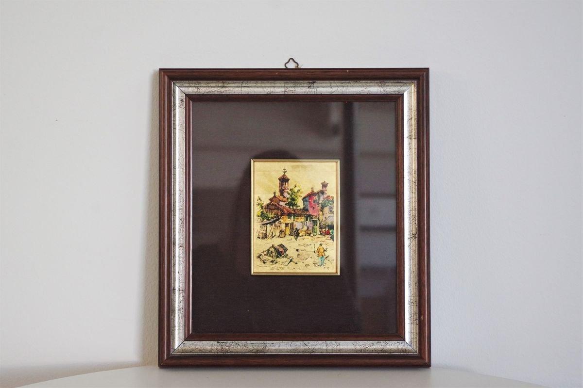 Late 20th Century Stunning 1970s Gold Leaf Painting with Silver Frame For Sale