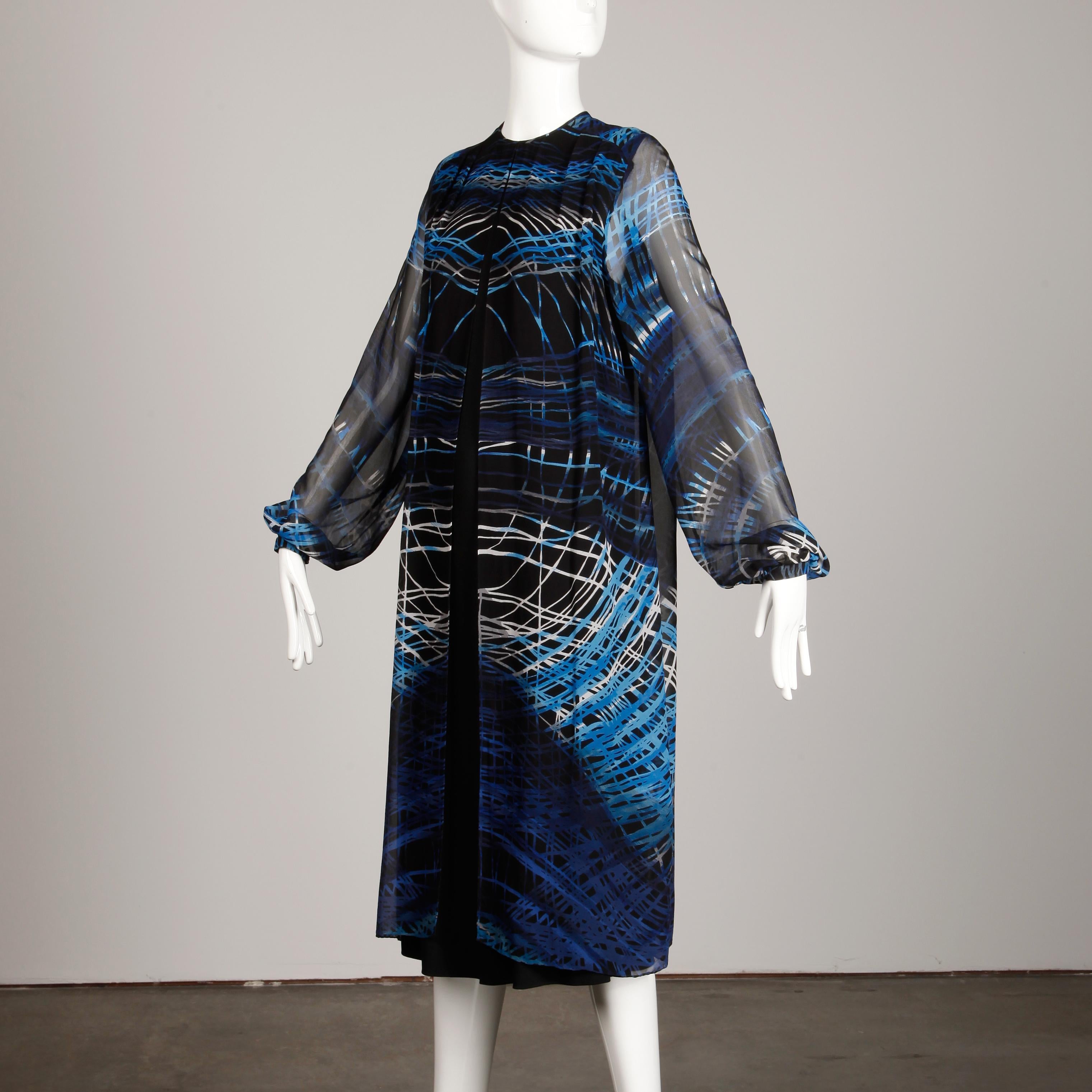 Stunning 1970s La Mendola Vintage Blue + Black Op Art Print Jersey Silk Dress 8
