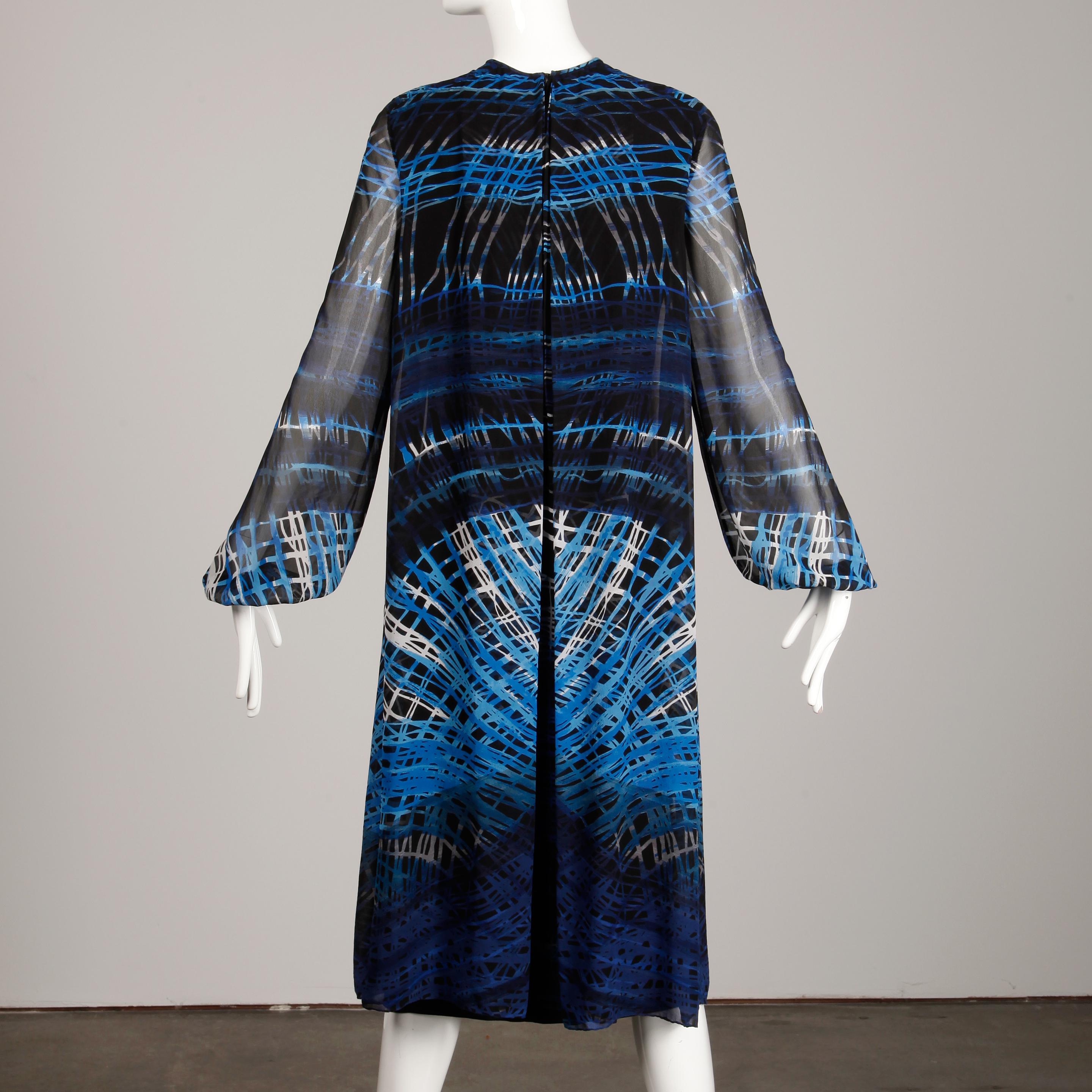 Stunning 1970s La Mendola Vintage Blue + Black Op Art Print Jersey Silk Dress 9