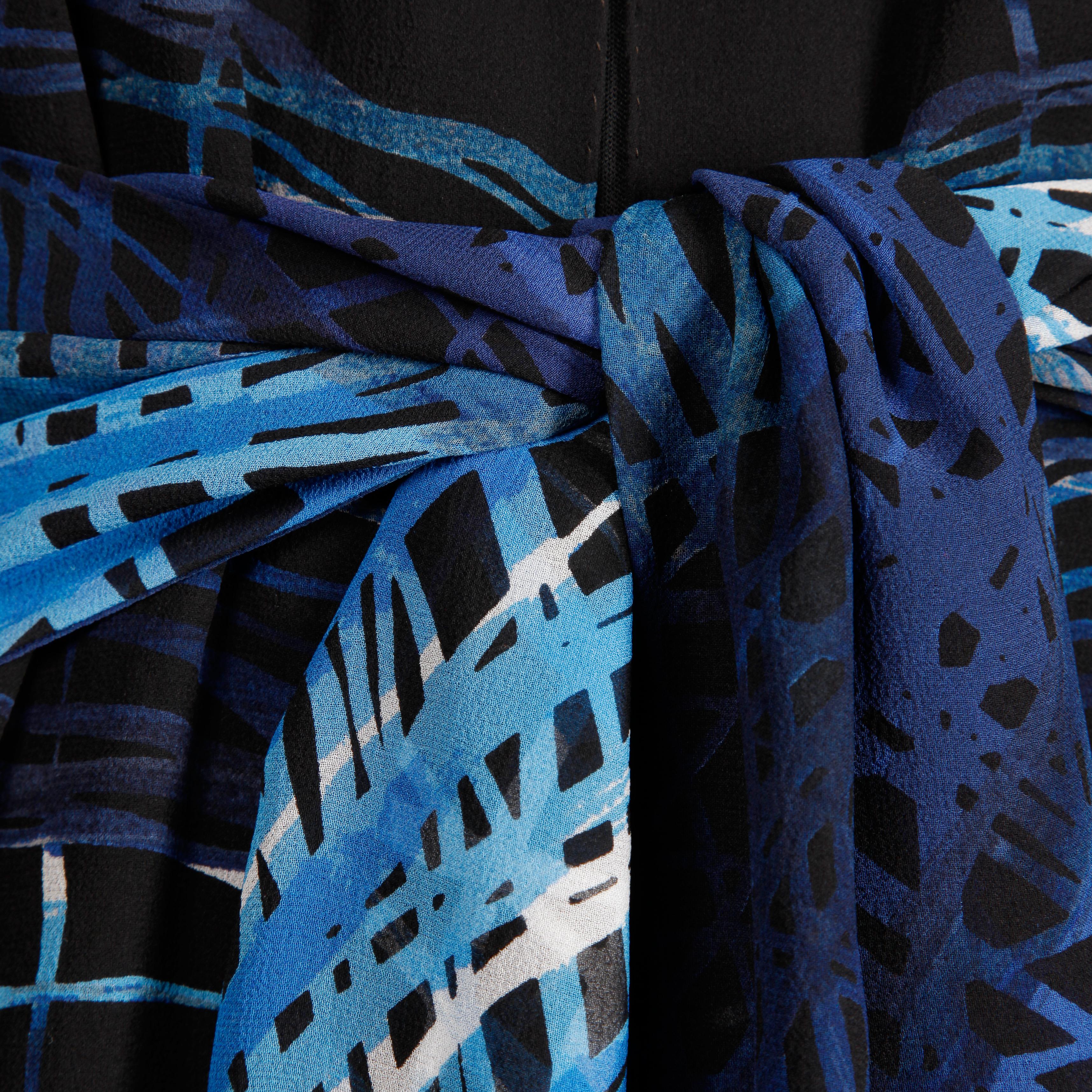 Women's Stunning 1970s La Mendola Vintage Blue + Black Op Art Print Jersey Silk Dress
