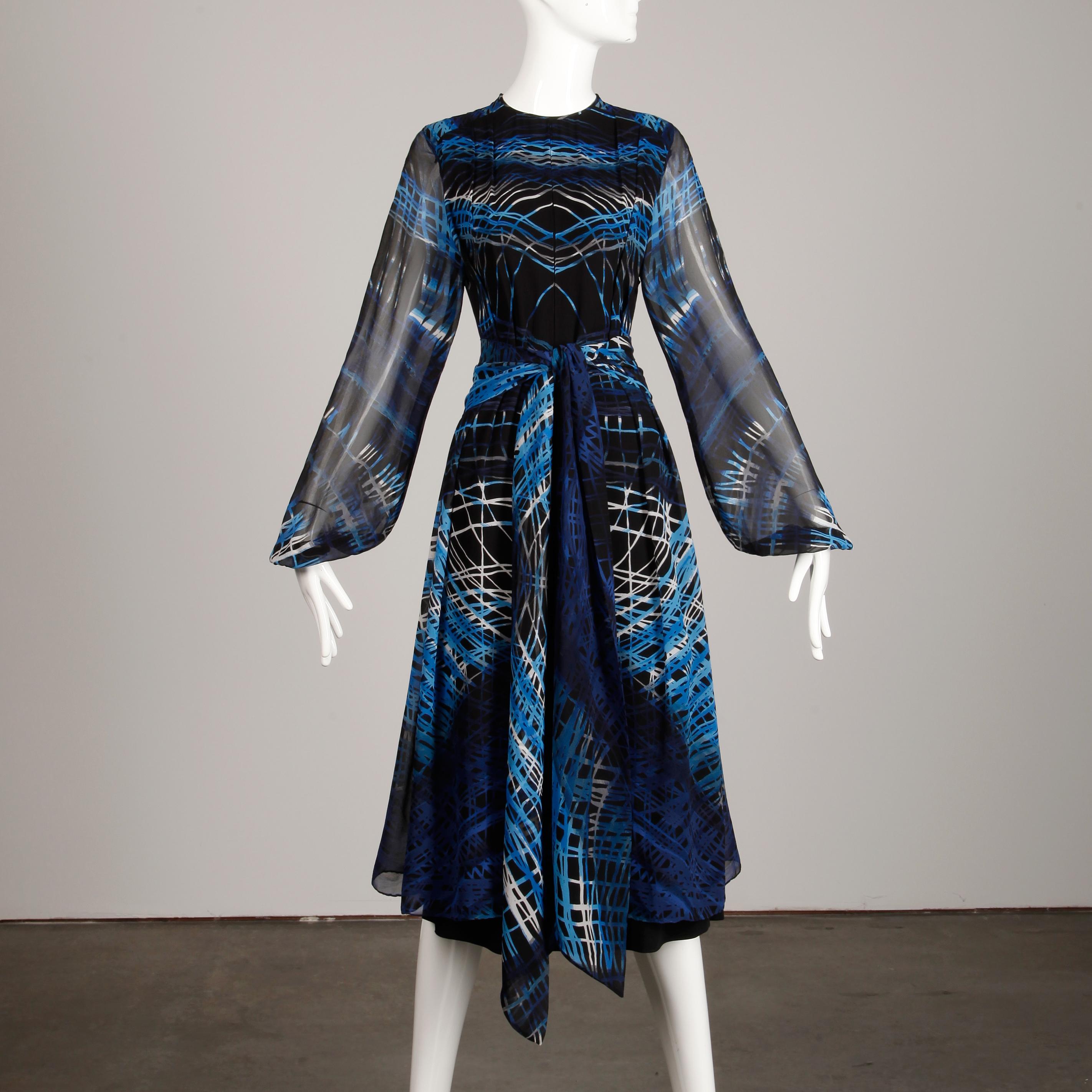 Stunning 1970s La Mendola Vintage Blue + Black Op Art Print Jersey Silk Dress 3