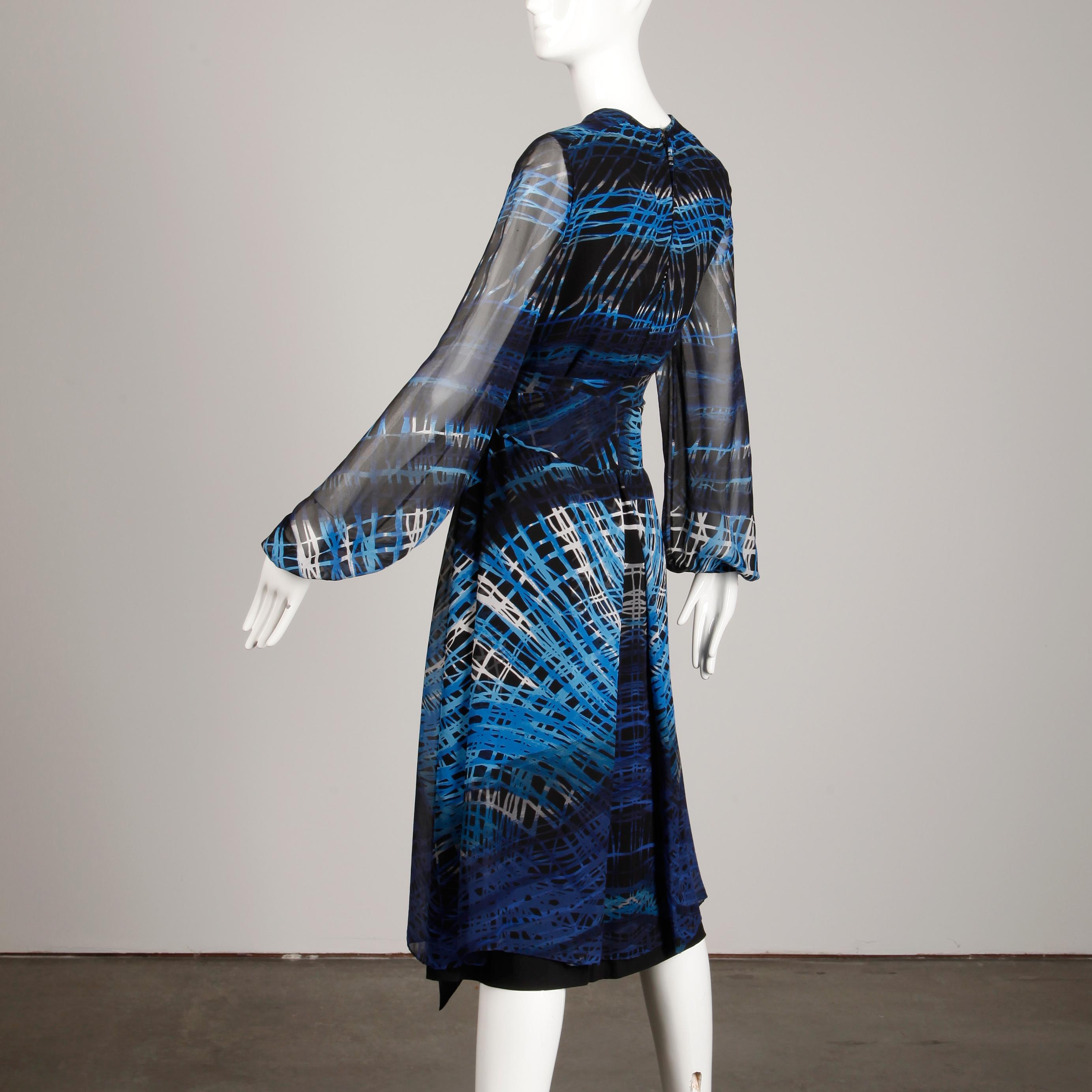 Stunning 1970s La Mendola Vintage Blue + Black Op Art Print Jersey Silk Dress 5