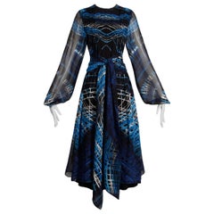 Stunning 1970s La Mendola Vintage Blue + Black Op Art Print Jersey Silk Dress