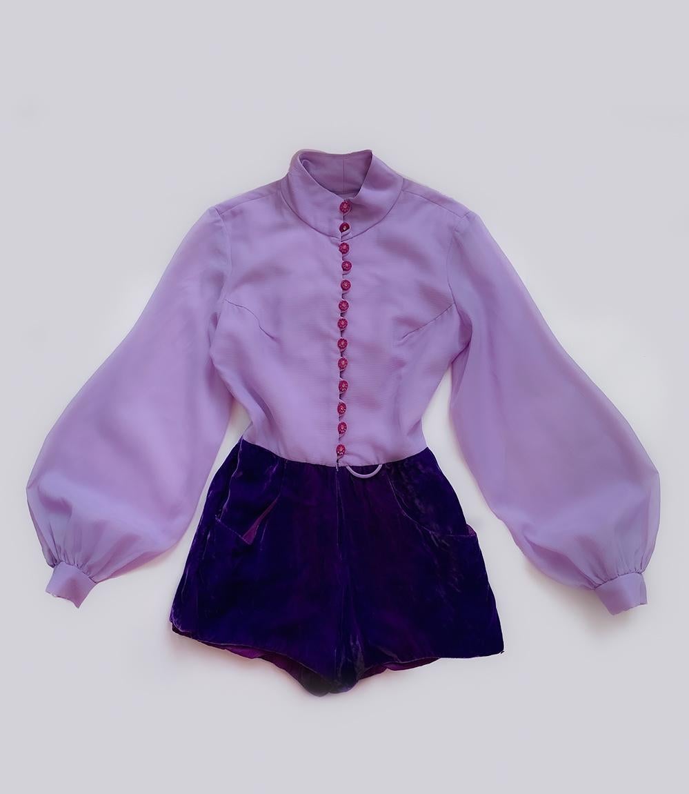 Women's Stunning 1970s One Of A Kind Ensemble Romper Psychedelic Purple Velvet 70s 60s  For Sale