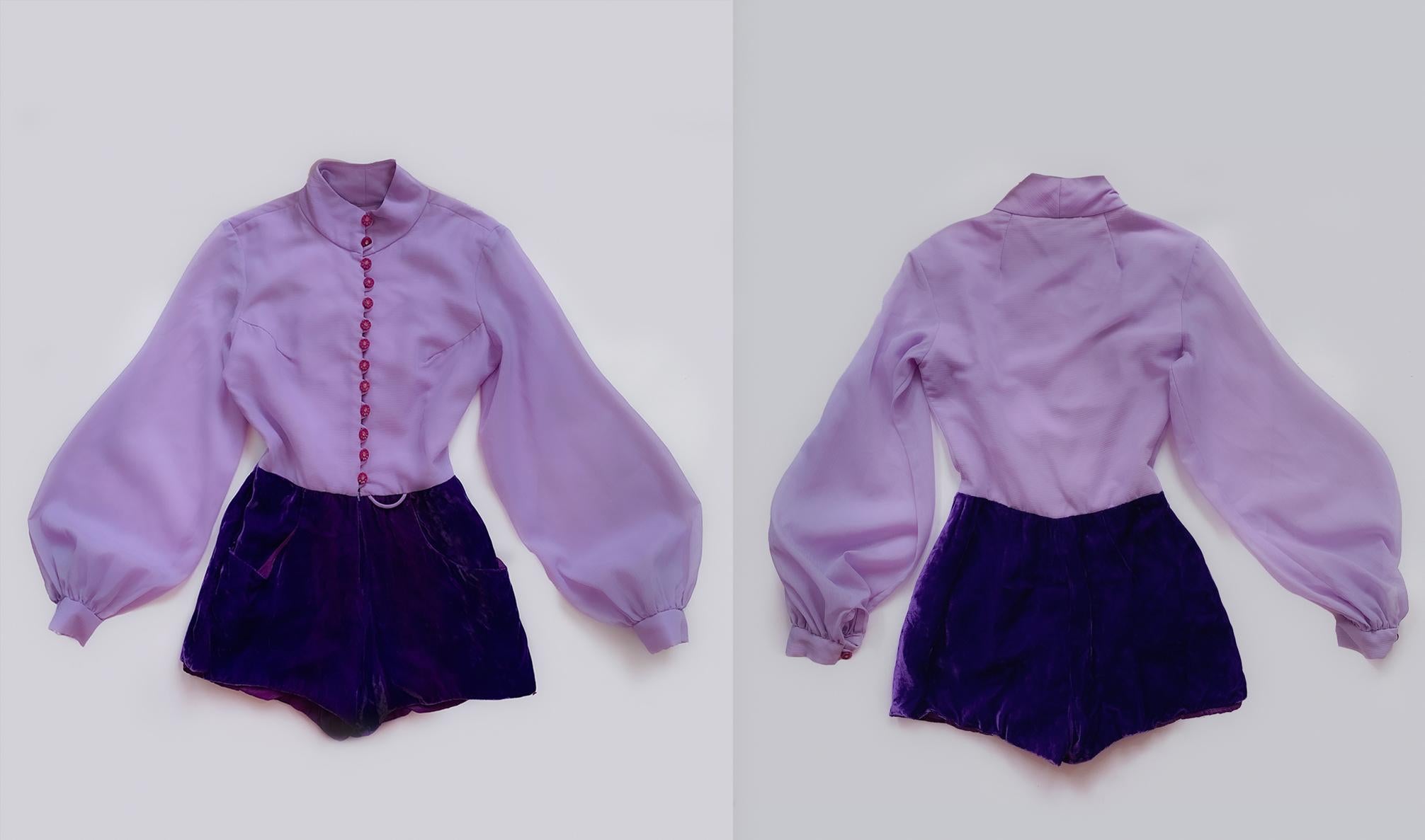Stunning 1970s One Of A Kind Ensemble Romper Psychedelic Purple Velvet 70s 60s  For Sale 2