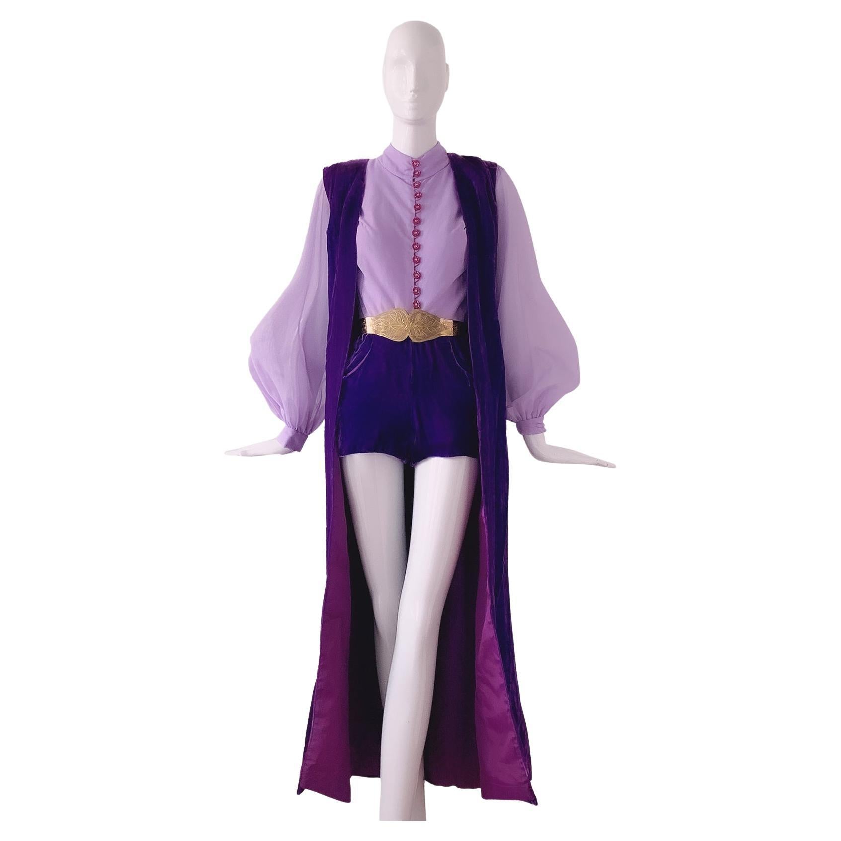 Stunning 1970s One Of A Kind Ensemble Romper Psychedelic Purple Velvet 70s 60s  For Sale