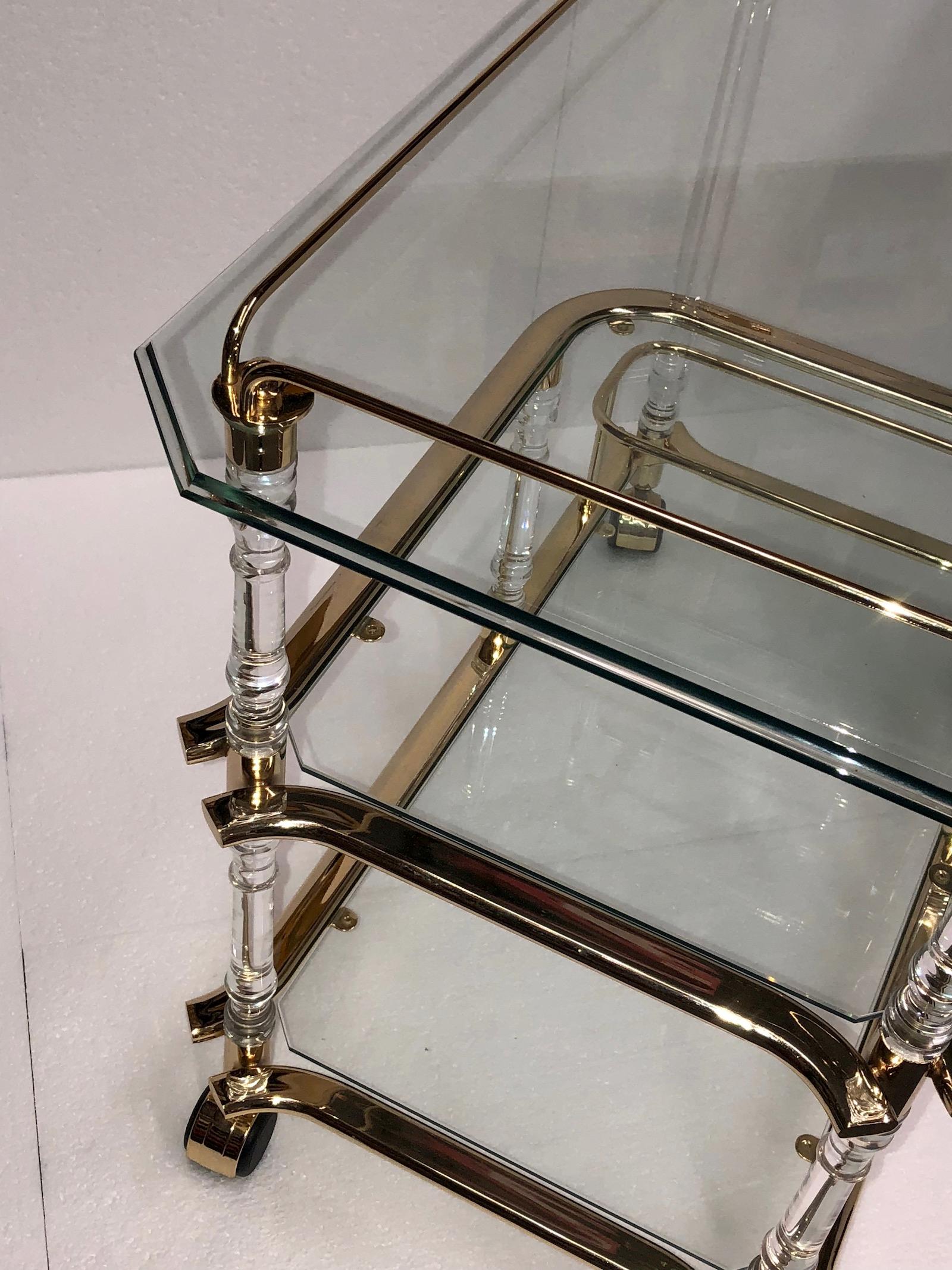 Stunning 1980s Bar Cart, Tea Trolley or Drinks Stand in Brass, Glass and Lucite 3