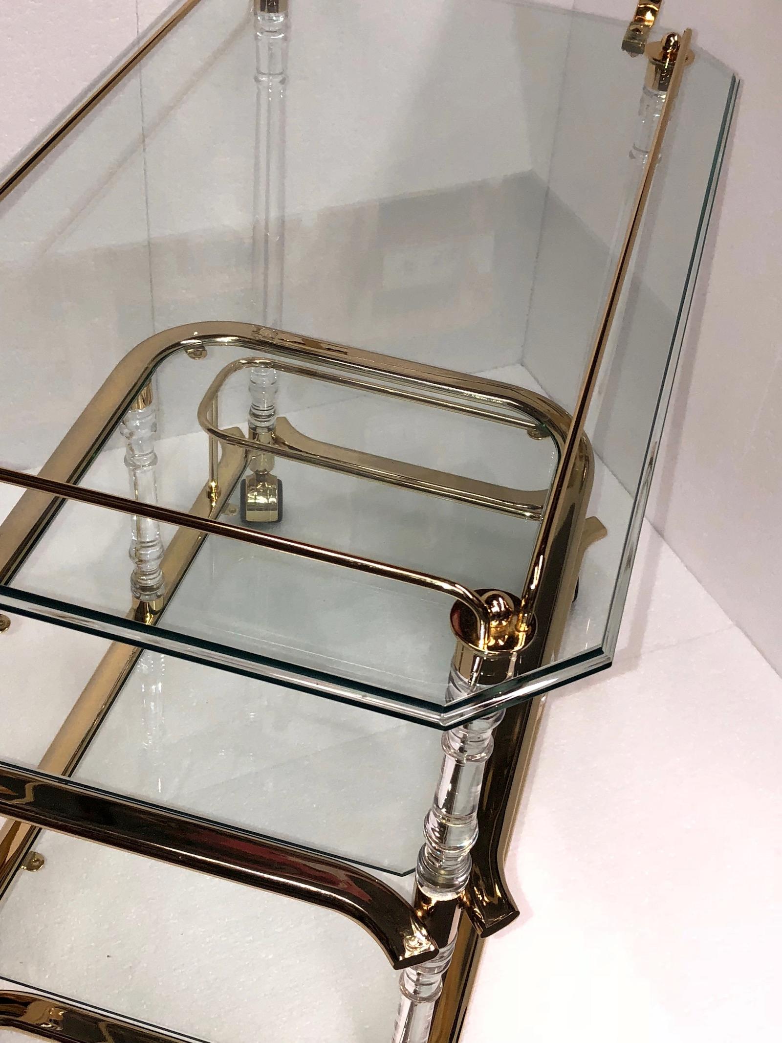 Stunning 1980s Bar Cart, Tea Trolley or Drinks Stand in Brass, Glass and Lucite 4