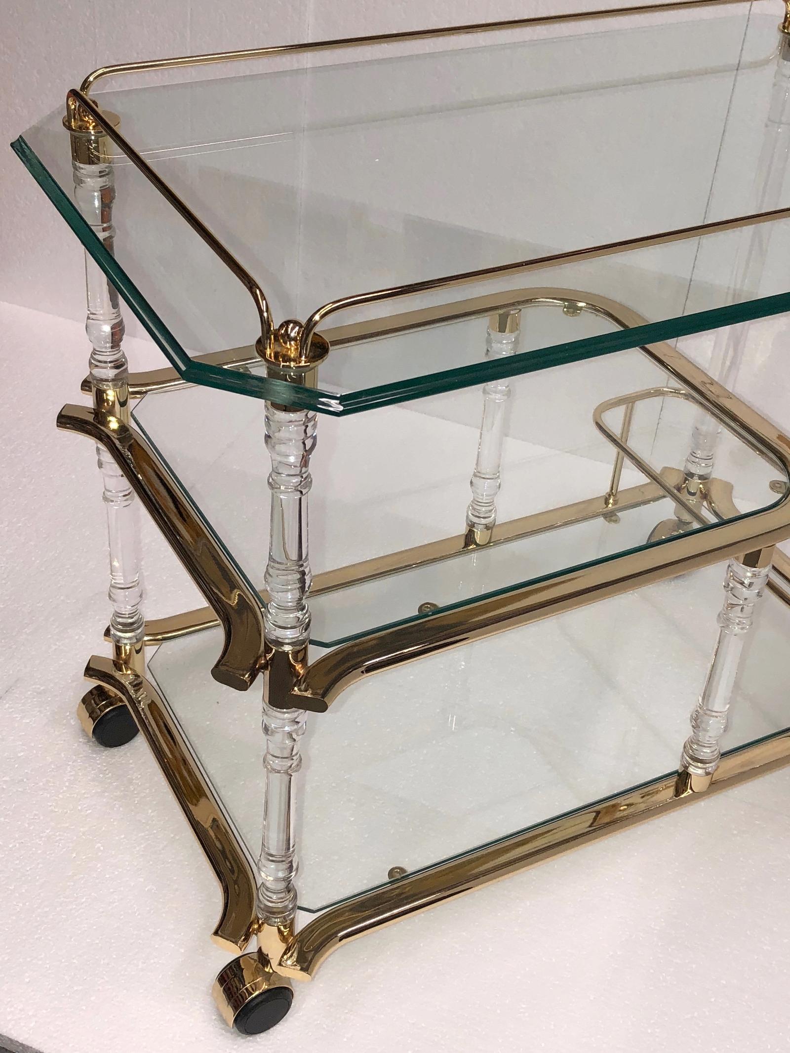 Stunning 1980s Bar Cart, Tea Trolley or Drinks Stand in Brass, Glass and Lucite 6