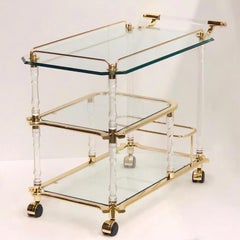 Stunning 1980s Bar Cart, Tea Trolley or Drinks Stand in Brass, Glass and Lucite