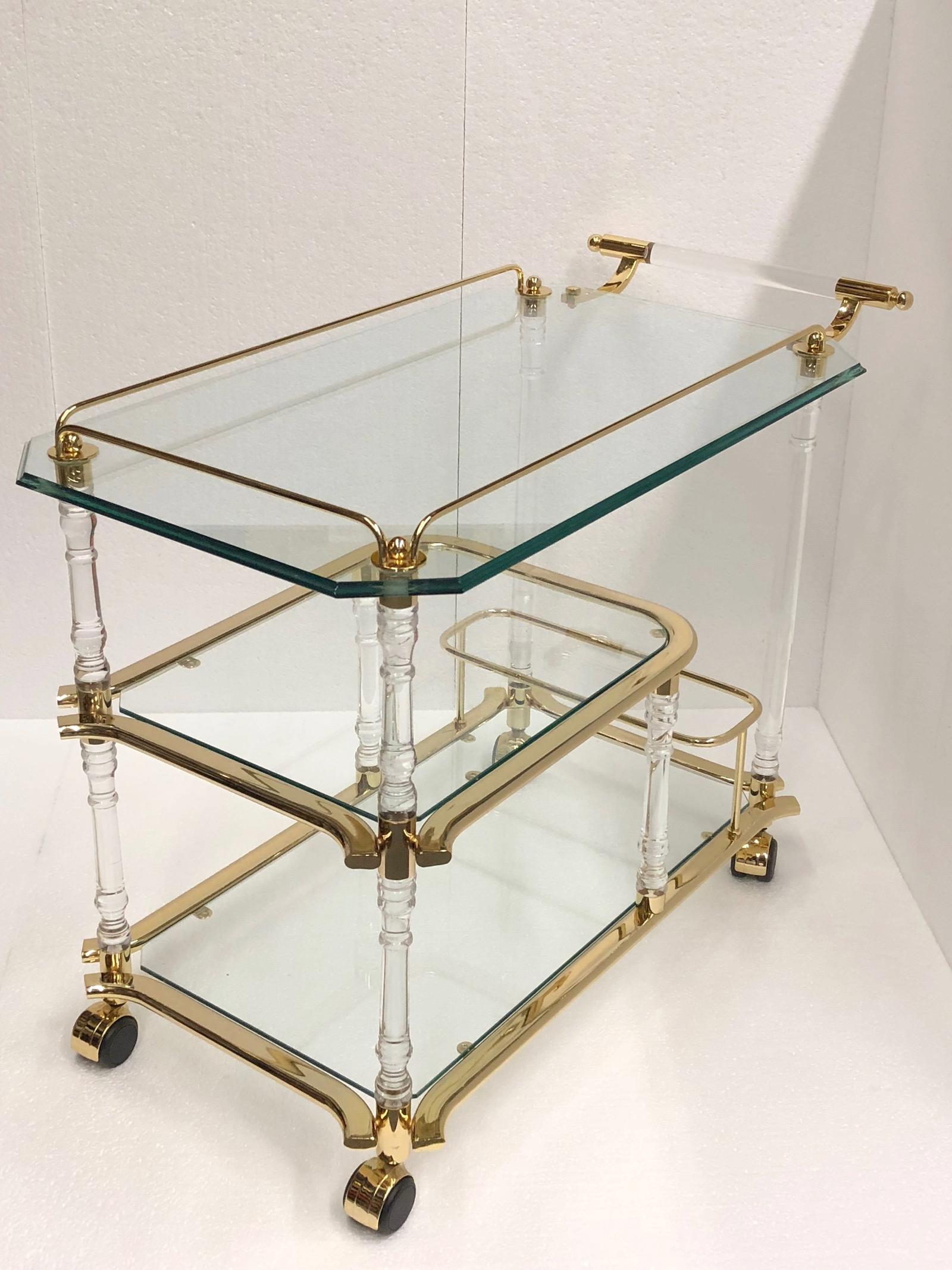 German Stunning 1980s Bar Cart, Tea Trolley or Drinks Stand in Brass, Glass and Lucite