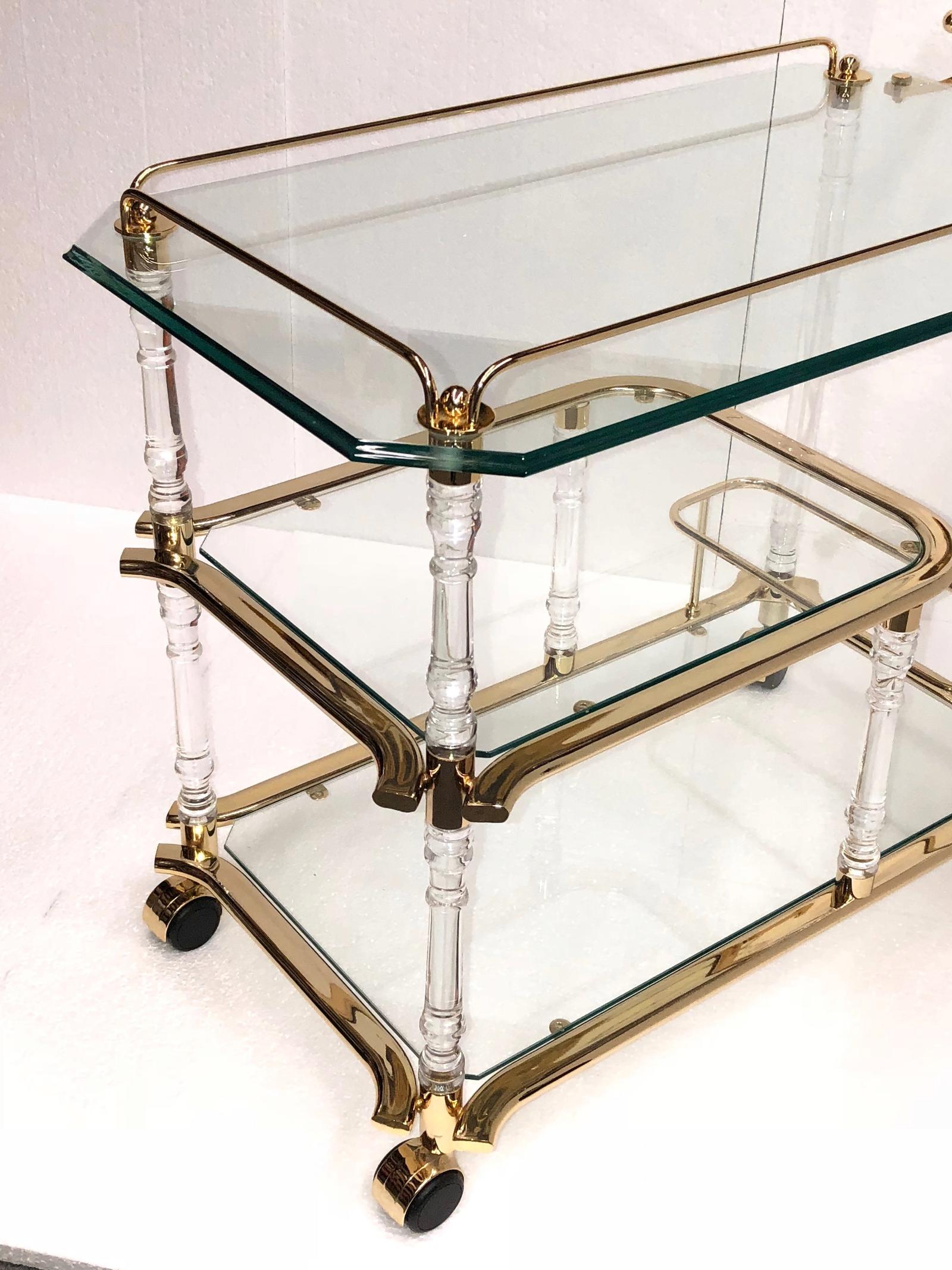 Metal Stunning 1980s Bar Cart, Tea Trolley or Drinks Stand in Brass, Glass and Lucite