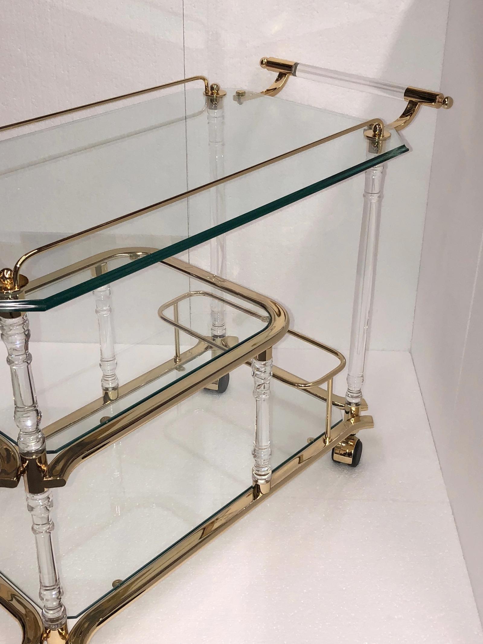 Stunning 1980s Bar Cart, Tea Trolley or Drinks Stand in Brass, Glass and Lucite 1
