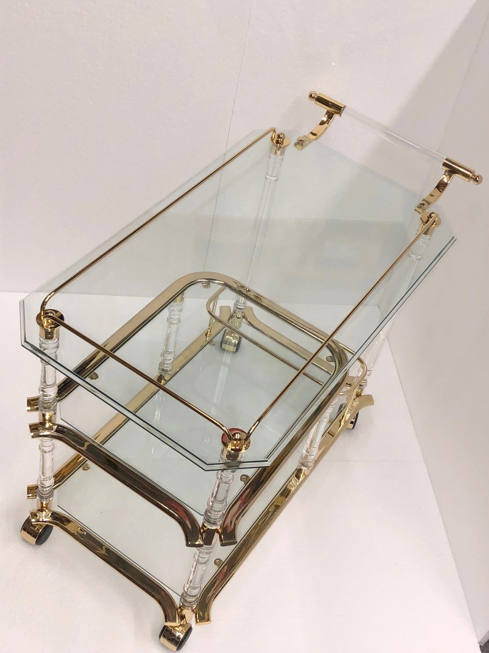Stunning 1980s Bar Cart, Tea Trolley or Drinks Stand in Brass, Glass and Lucite 2