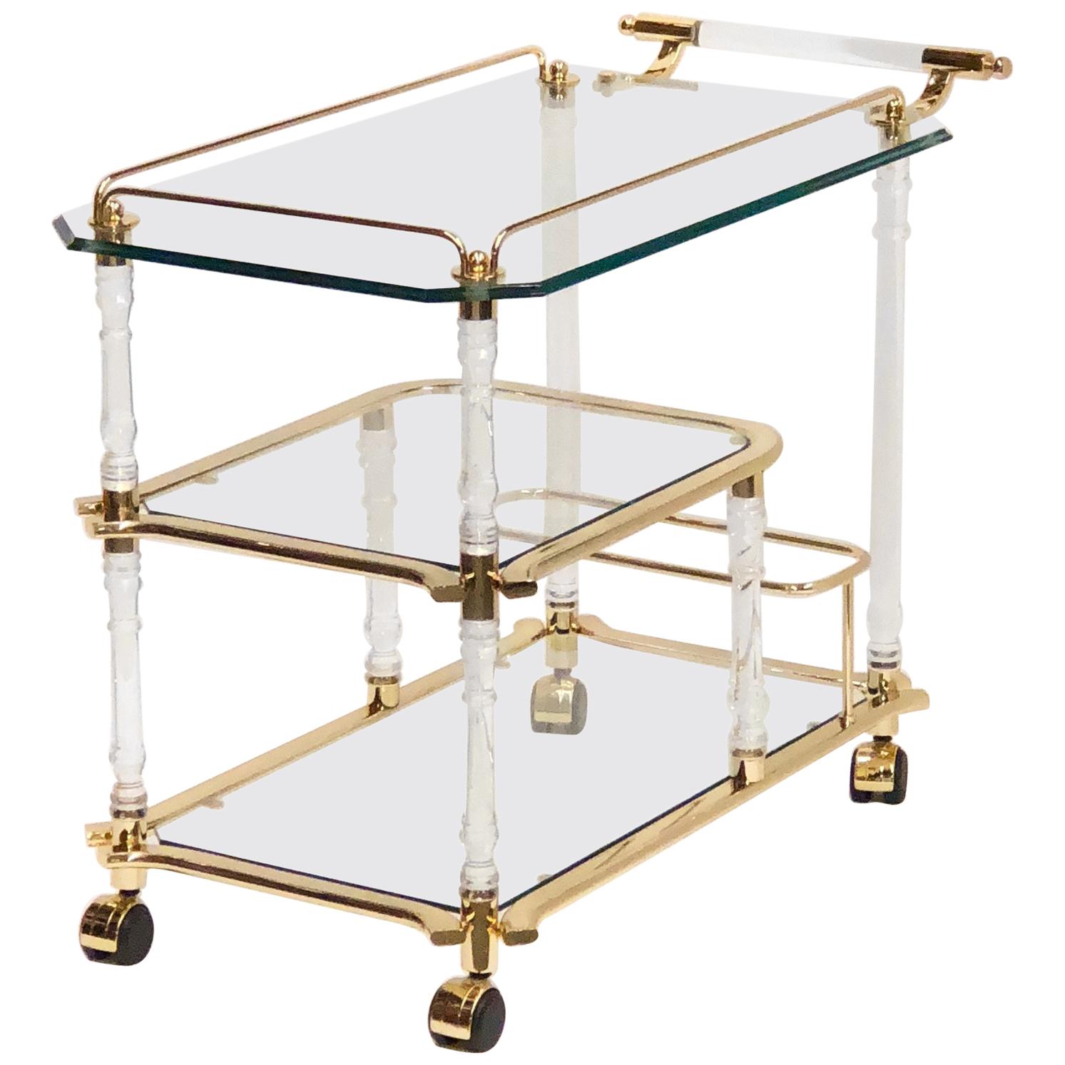 Stunning 1980s Bar Cart, Tea Trolley or Drinks Stand in Brass, Glass and Lucite