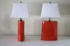 1980s Pair Ceramic Vermillion Red Table Lamps with White Shades