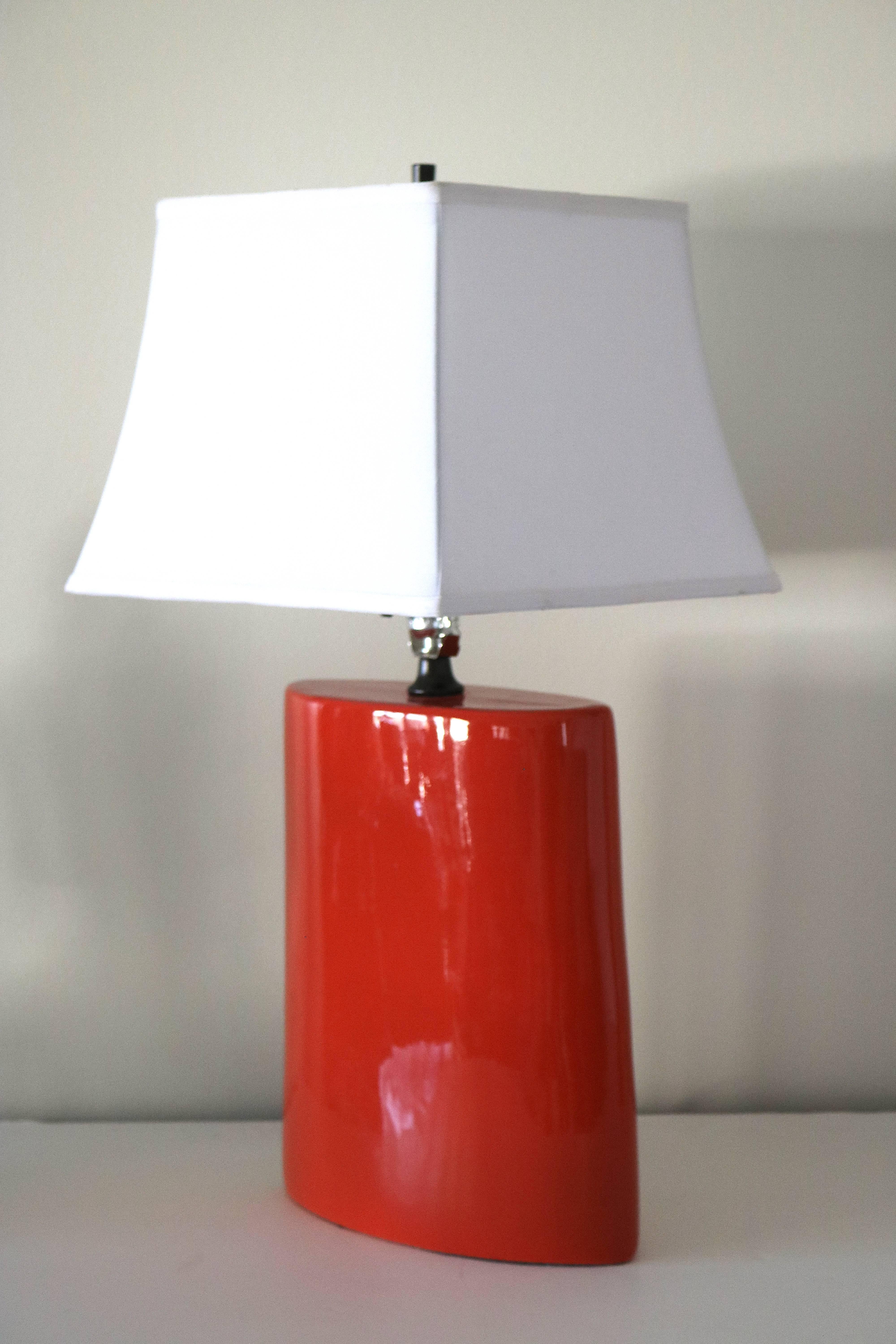 Hand-Crafted 1980s Pair Ceramic Vermillion Red Table Lamps with White Shades For Sale