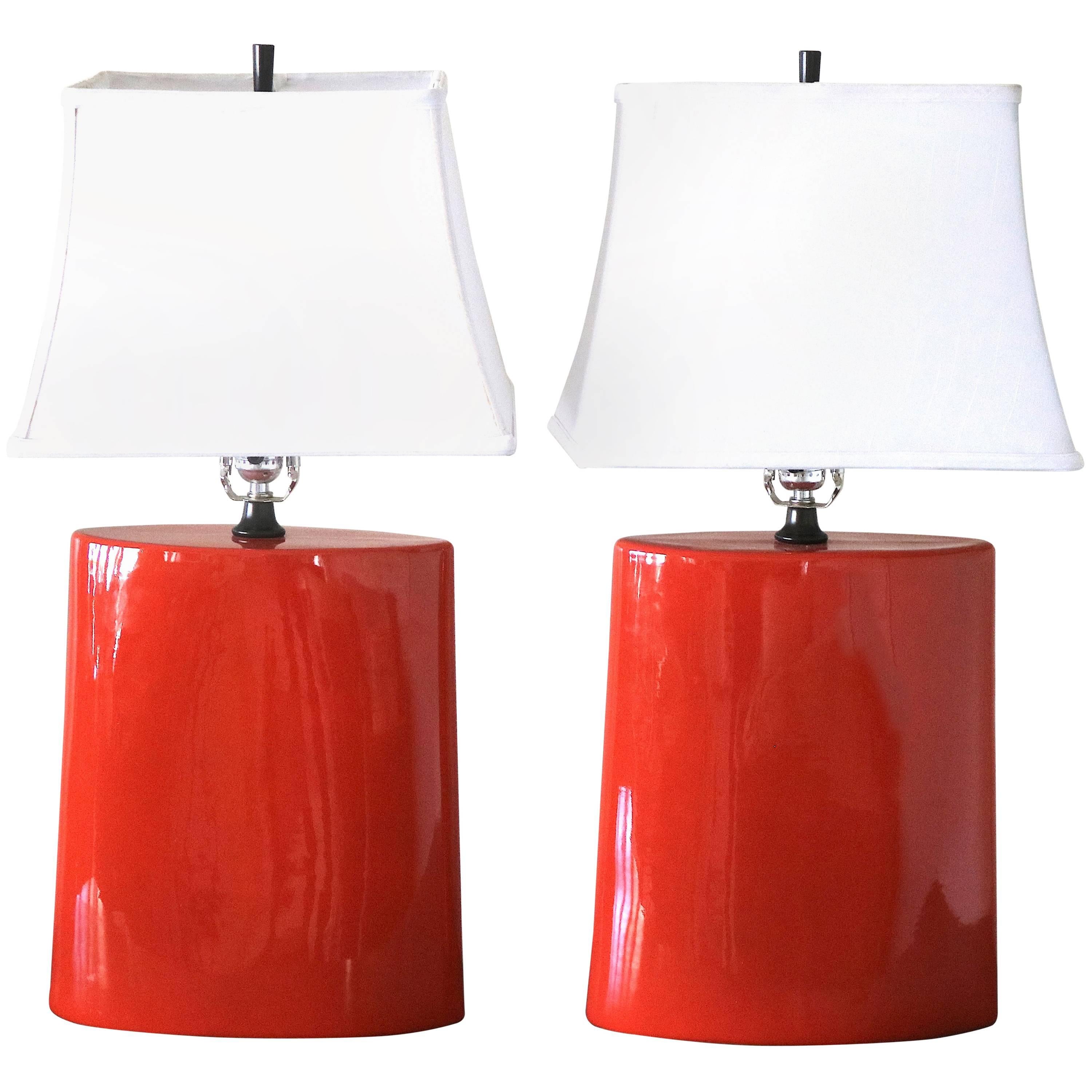 1980s Pair Ceramic Vermillion Red Table Lamps with White Shades For Sale