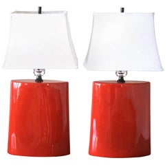 1980s Pair Ceramic Vermillion Red Table Lamps with White Shades