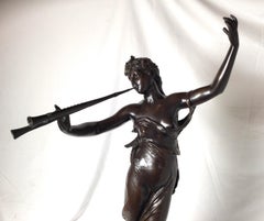 Atemberaubende Jugendstil-Skulptur Frau mit Flöte von Eugene Marioton aus dem 19. Jahrhundert