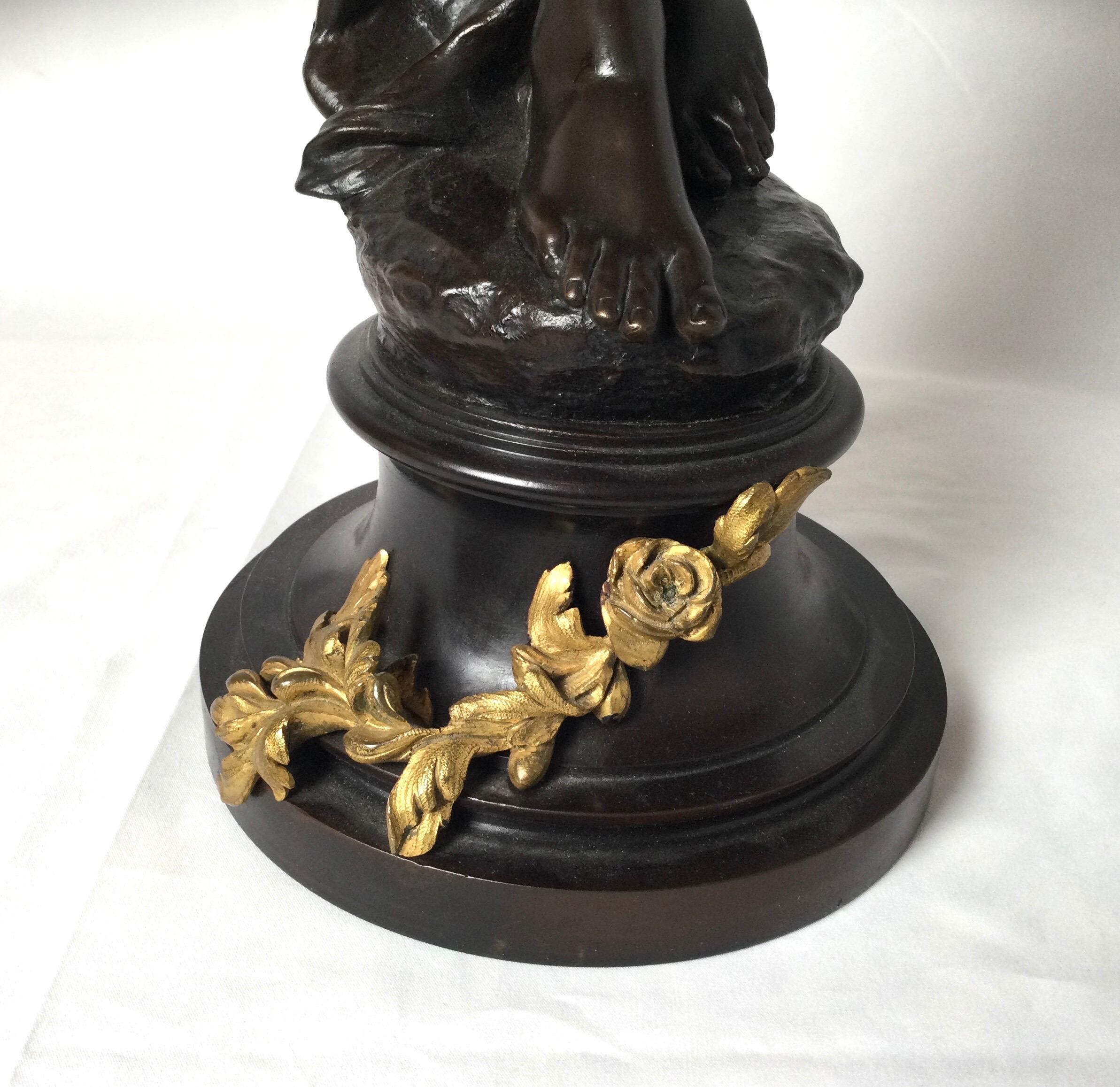French Stunning 19th Century Art Nouveau Sculpture Woman with Flute by Eugene Marioton