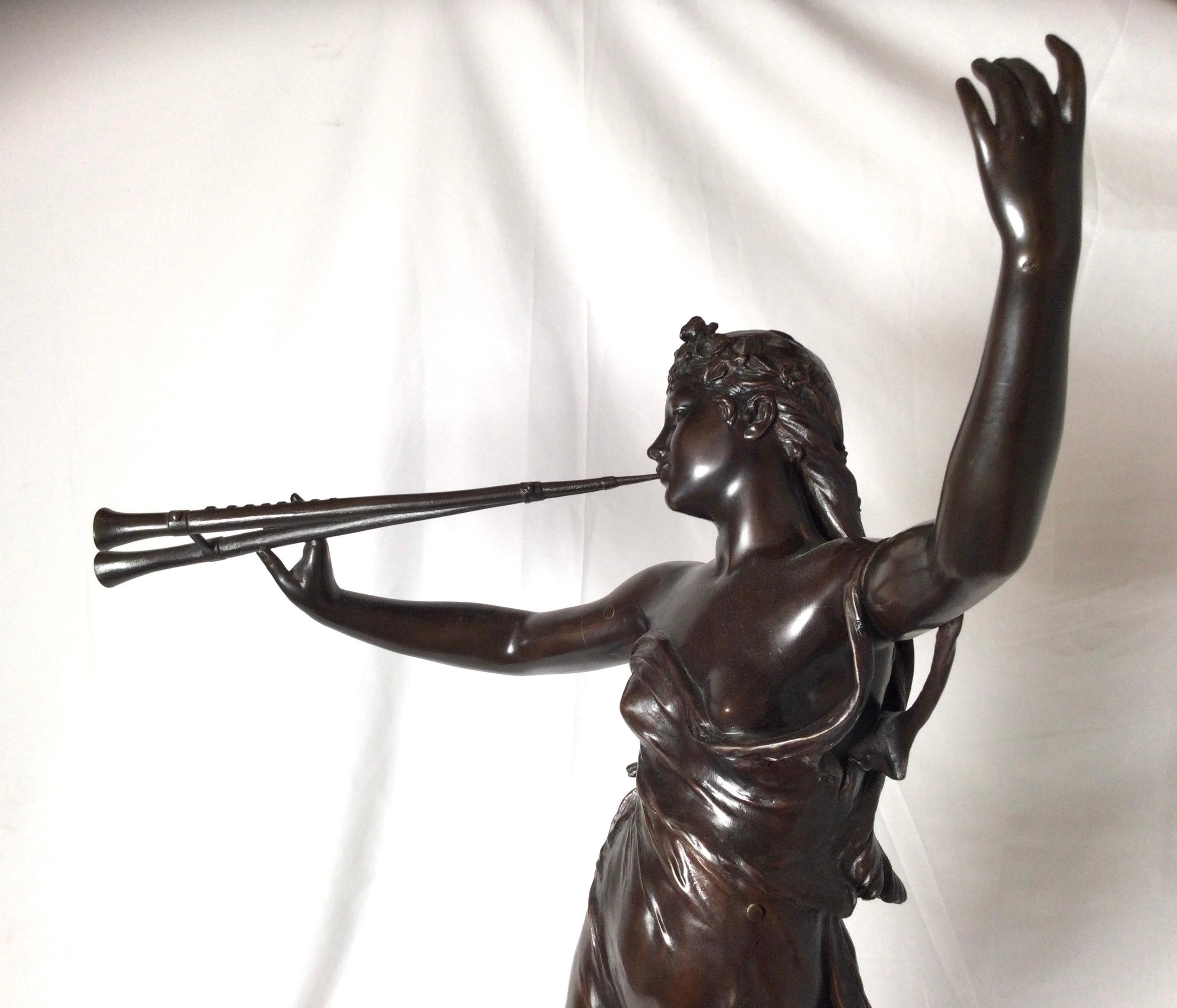 Stunning 19th Century Art Nouveau Sculpture Woman with Flute by Eugene Marioton In Excellent Condition In Lambertville, NJ