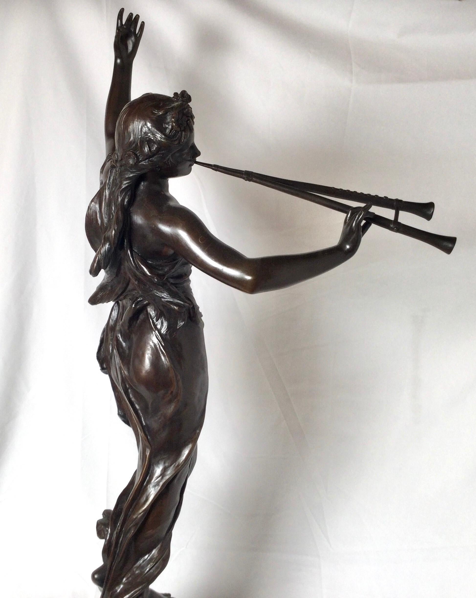 Stunning 19th Century Art Nouveau Sculpture Woman with Flute by Eugene Marioton 1