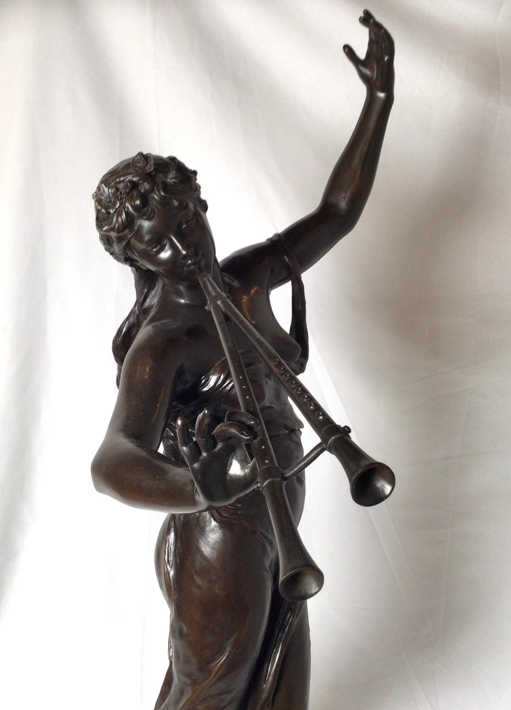 Stunning 19th Century Art Nouveau Sculpture Woman with Flute by Eugene Marioton 2