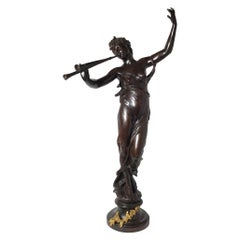 Superbe sculpture Art nouveau du XIXe siècle représentant une femme avec une flûte d'Eugène Marioton