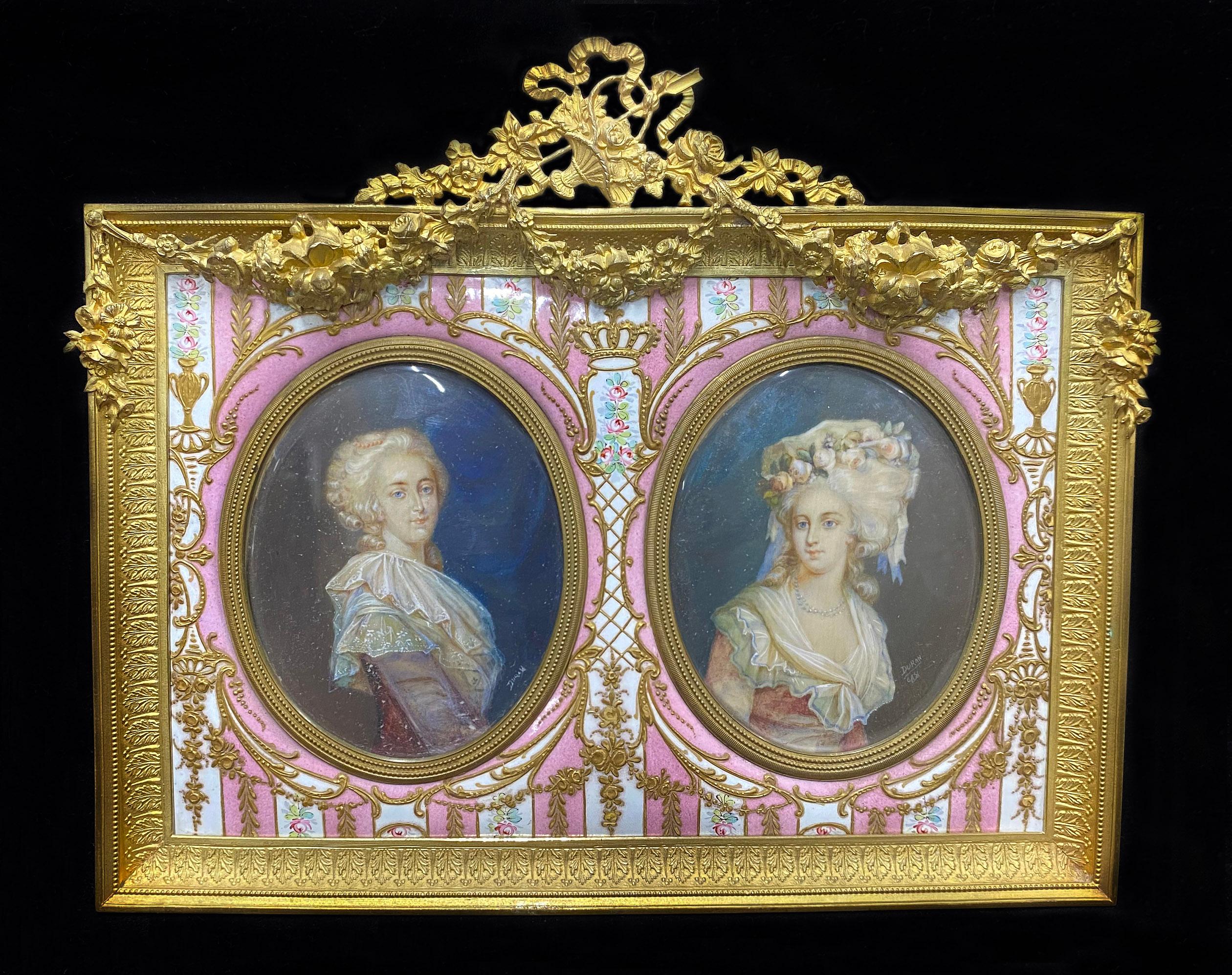 A Stunning Late 19th Century Gilt Bronze, Enamel and Porcelain Frame with Glass Portraits of Royal French Women

The two oval glass painted portraits, one of Marie Antoinette and the other Marie Thérèse Louise of Savoy, within a decorated white and