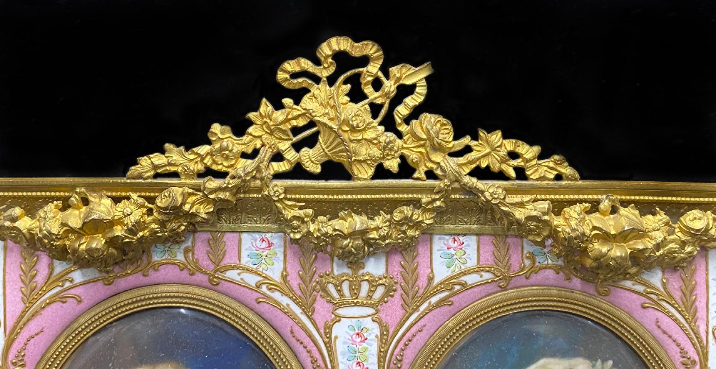 Belle Époque Stunning 19th Century Bronze, Enamel and Porcelain Frame with Glass Portraits For Sale
