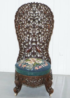 Stunning 19th Century Burmese Hand-Carved Nursing Chair Birds & Flowers All over