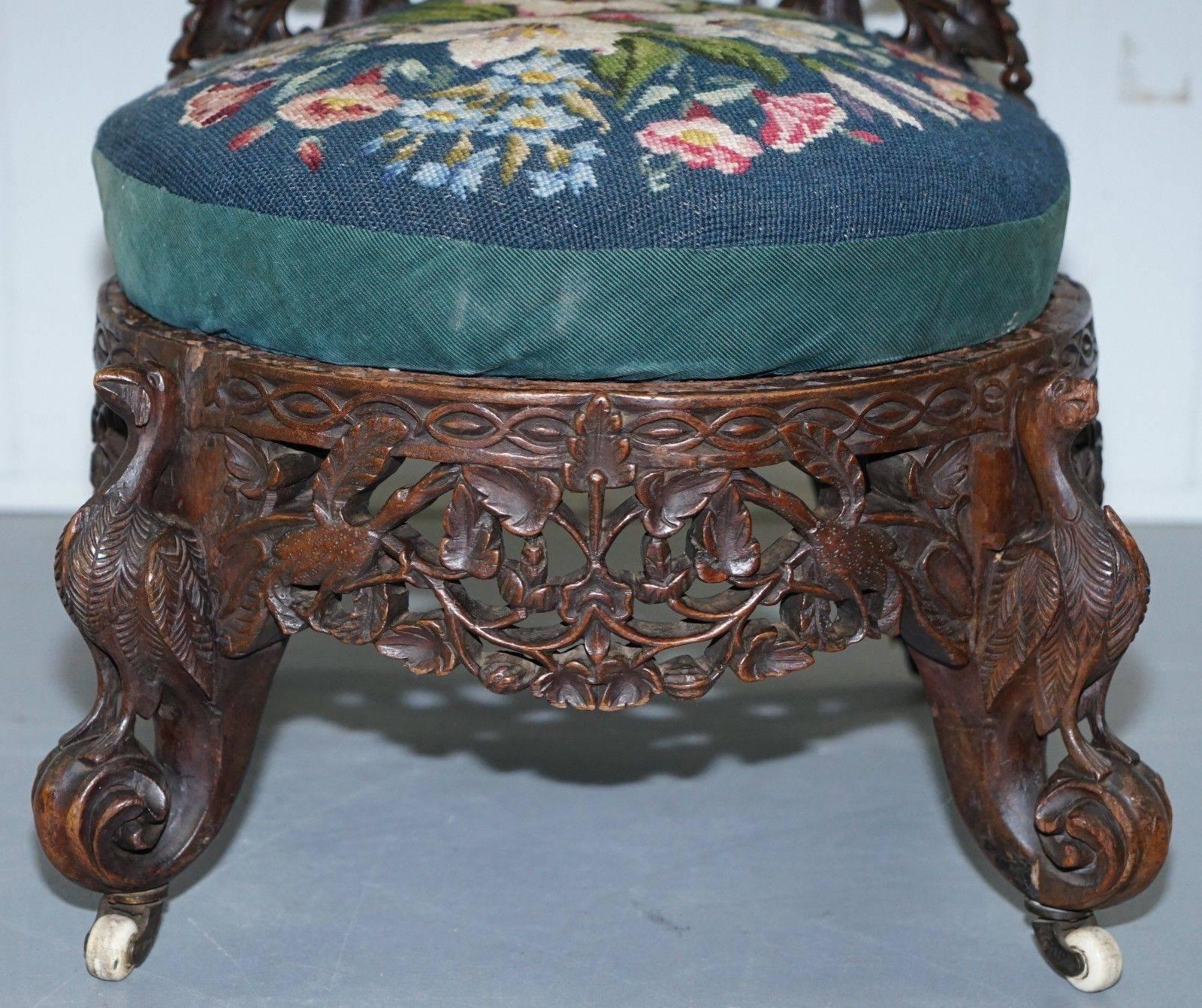 Mahogany Stunning 19th Century Burmese Hand-Carved Nursing Chair Birds & Flowers All over