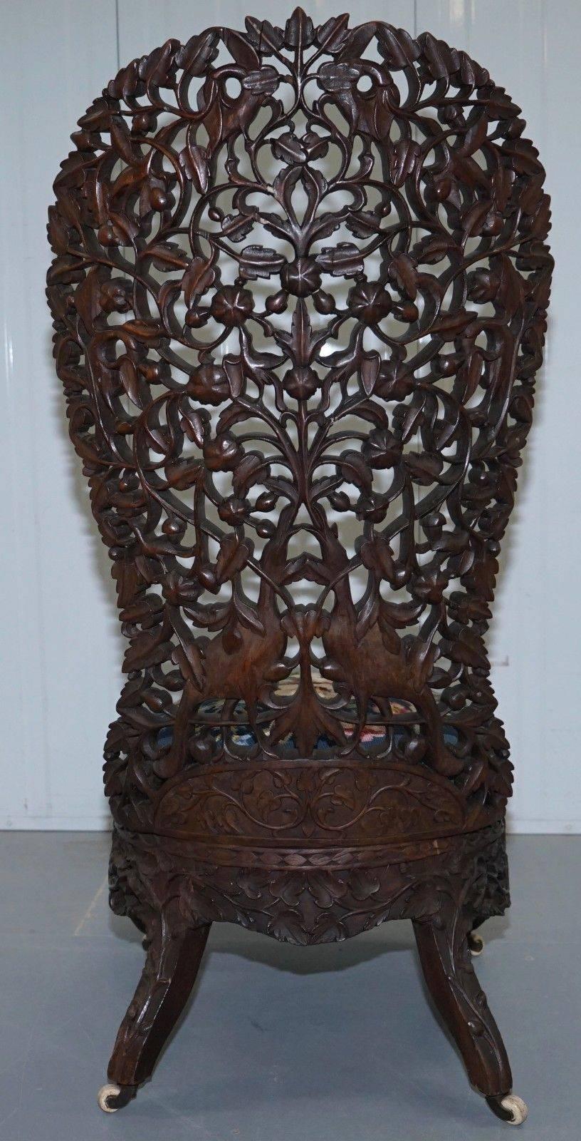 Stunning 19th Century Burmese Hand-Carved Nursing Chair Birds & Flowers All over 2