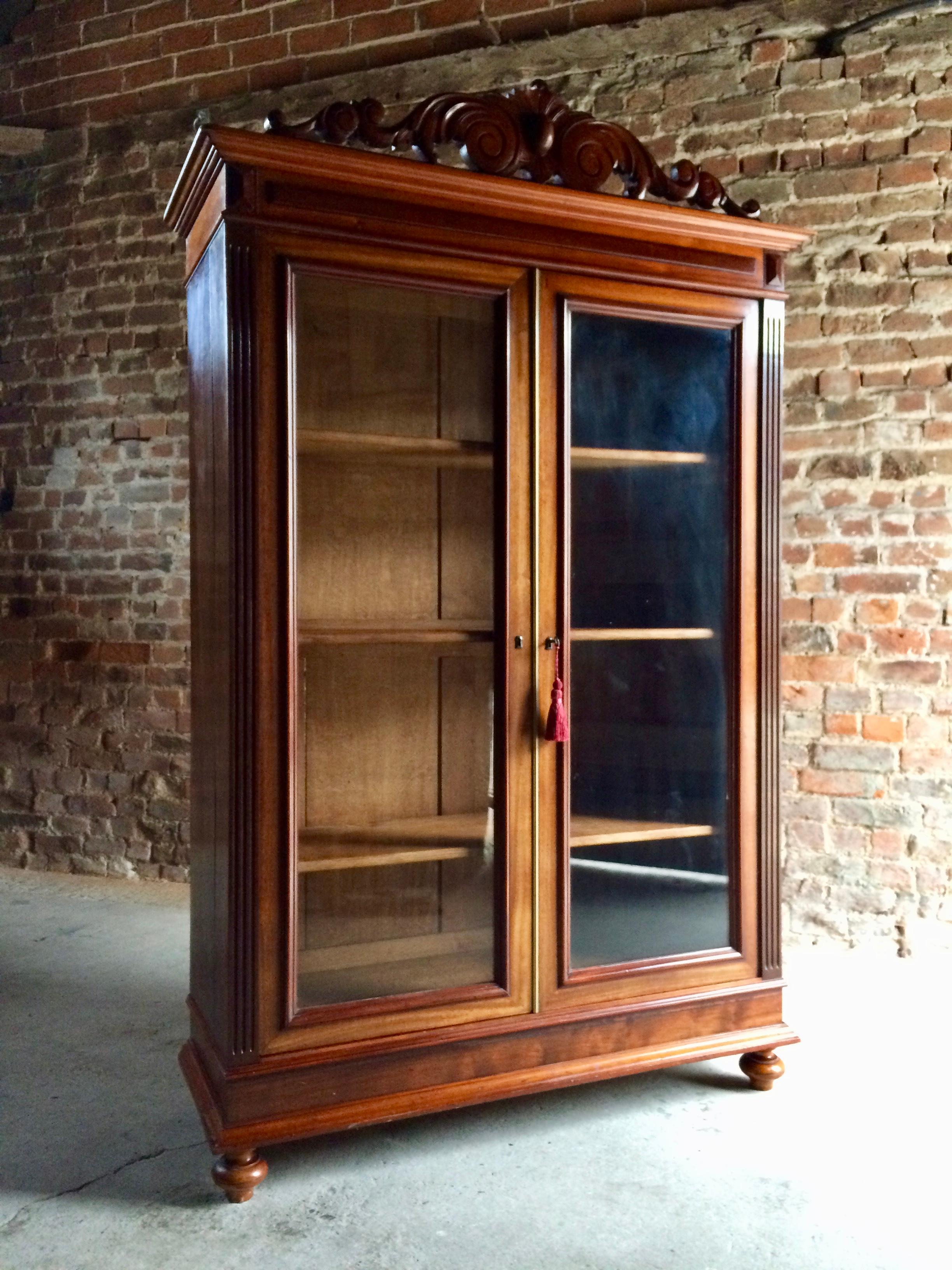 French Stunning 19th Century Empire Style Bookcase Glazed Doors Glass Vitrine Cabinet
