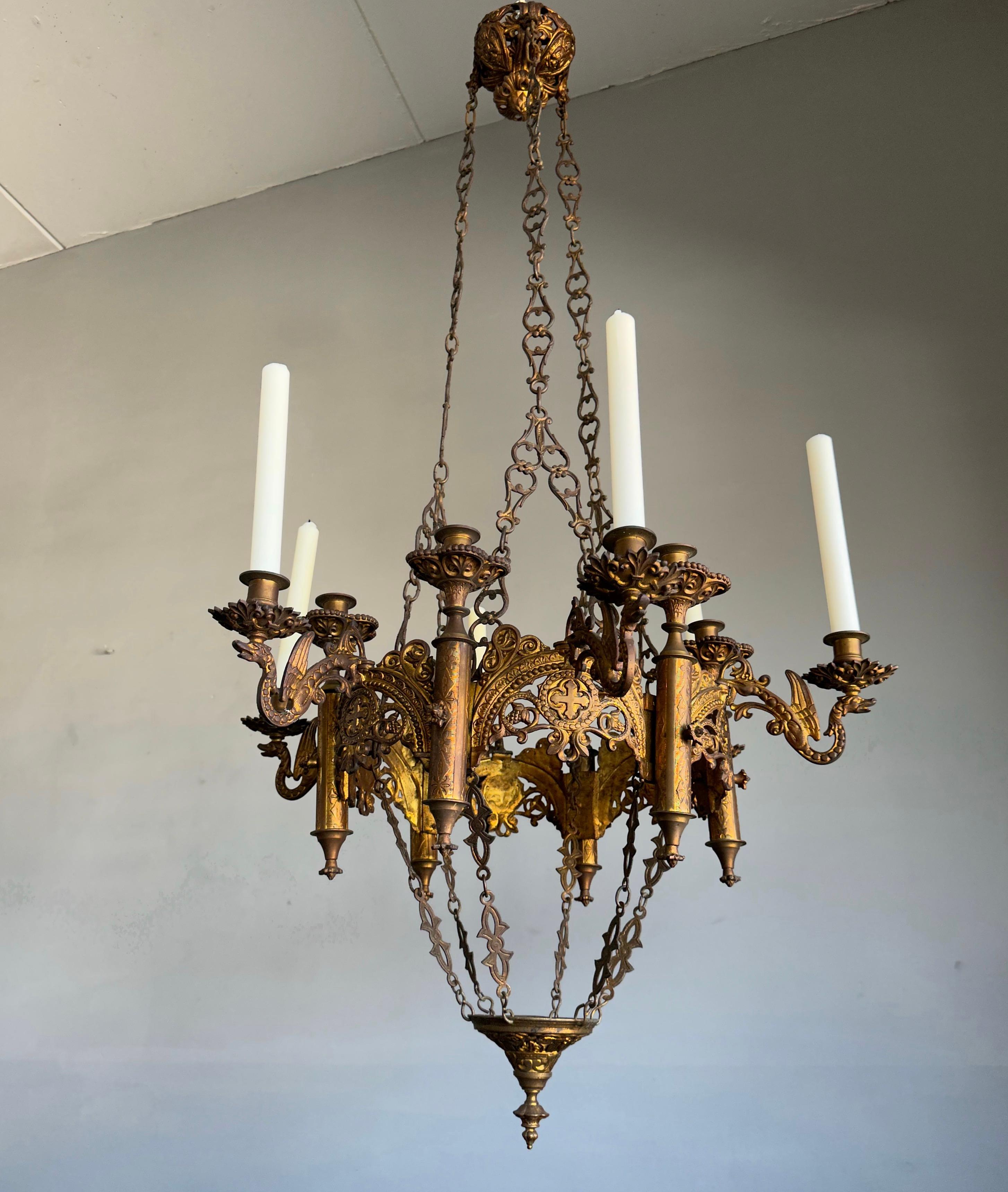 Handcrafted and truly beautiful Gothic chandelier for candles.

In antiques it often is the case that the older a piece is, the better the quality and the details. This pre 1900s, rare and highly decorative Gothic style chandelier is no exception to