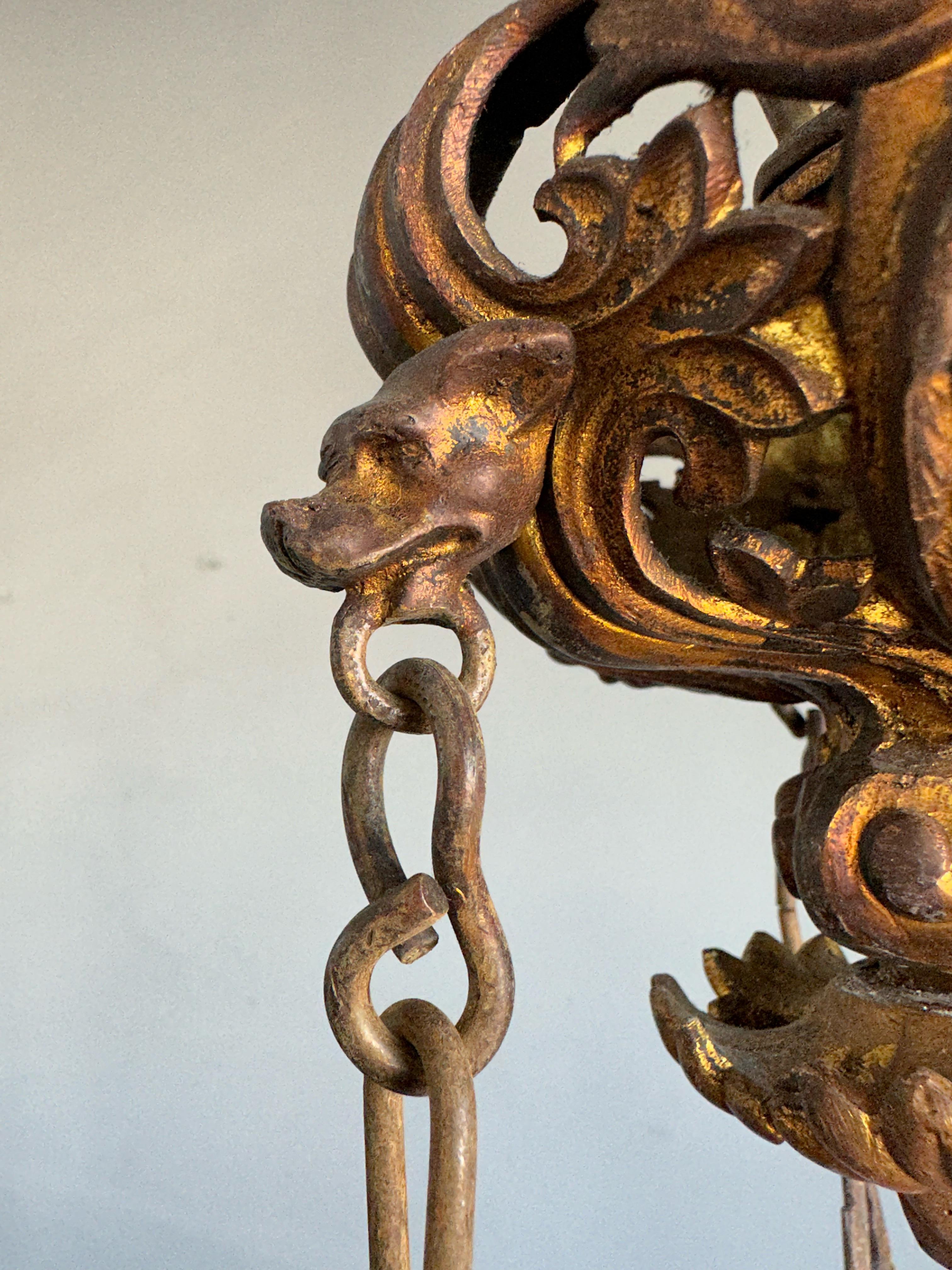 Gilt Large & Stunning Antique Fine Bronze Gothic Revival 12 Light Chandelier Pendant For Sale