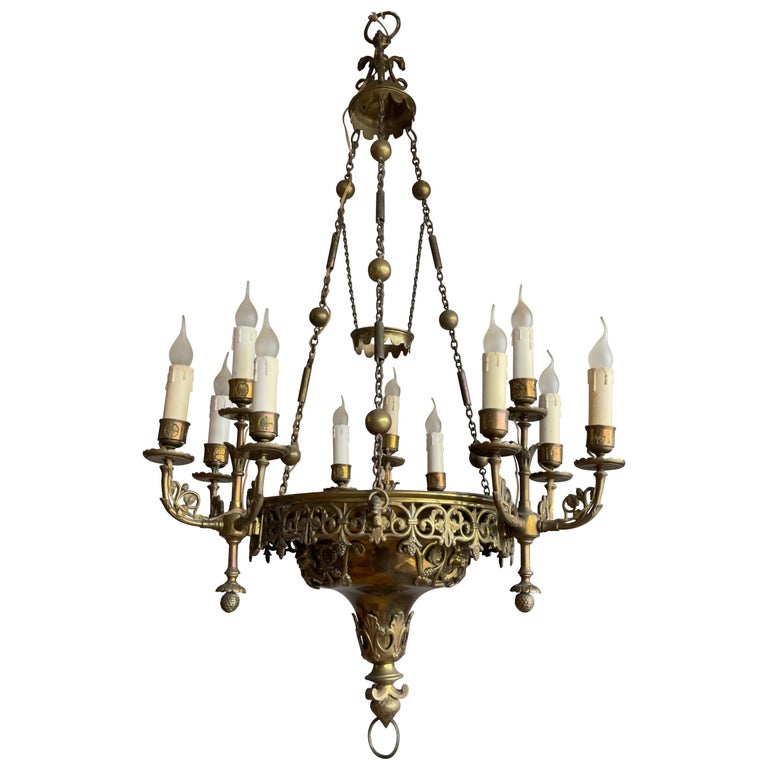 Stunning 19th Century Fine Bronze Gothic Revival 12-Light Chandelier /  Pendant For Sale at 1stDibs
