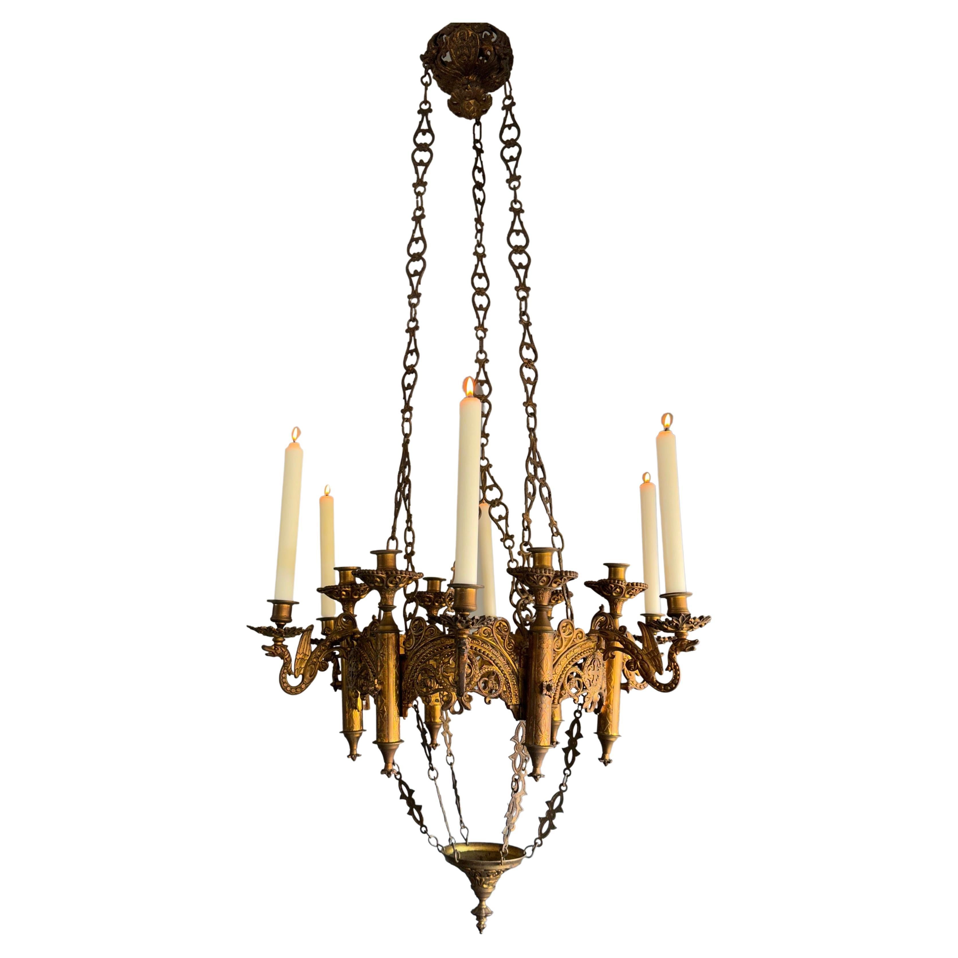 Large & Stunning Antique Fine Bronze Gothic Revival 12 Light Chandelier Pendant For Sale