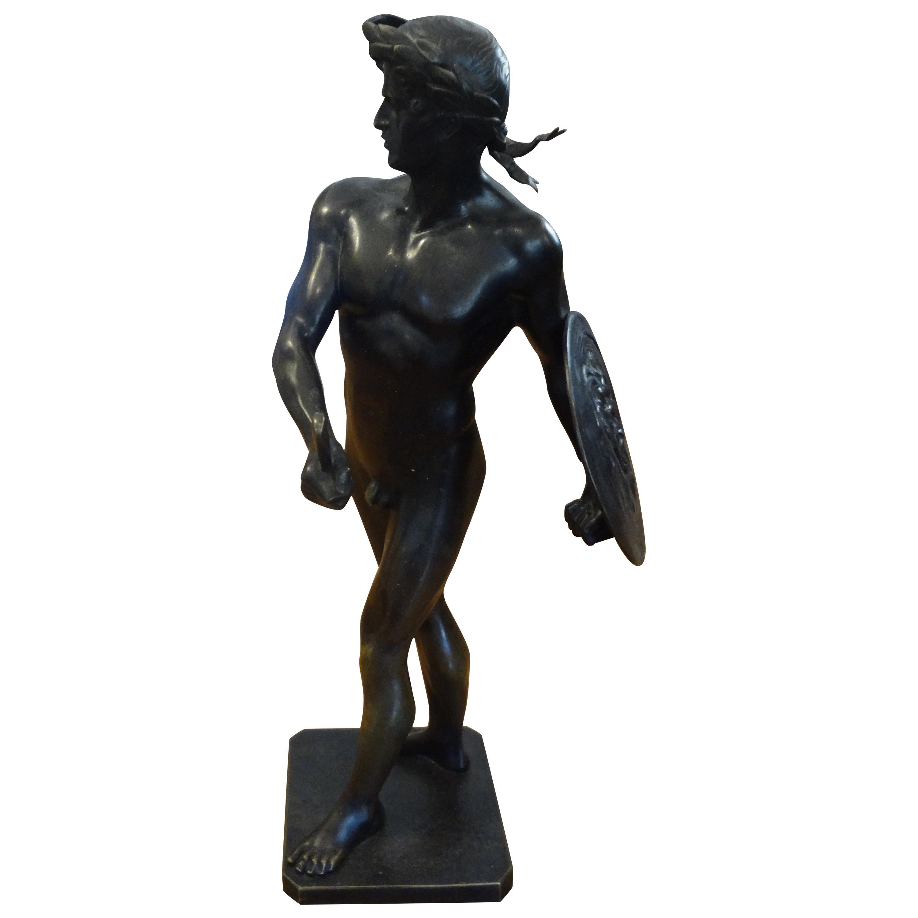 Beautifully detailed 19th century French bronze sculpture of a gladiator. Our stunning antique male bronze sculpture is in very good condition with great patina and is artist-signed. We are currently in the process of researching the artist