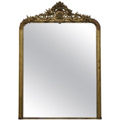 Superbe miroir de cheminée français du 19ème siècle en bois doré avec plaque originale